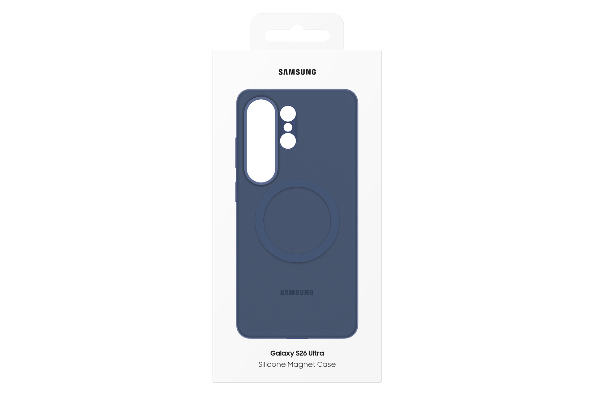 Confezione con custodia magnetica in silicone blu scuro Samsung Galaxy S26 Ultra.