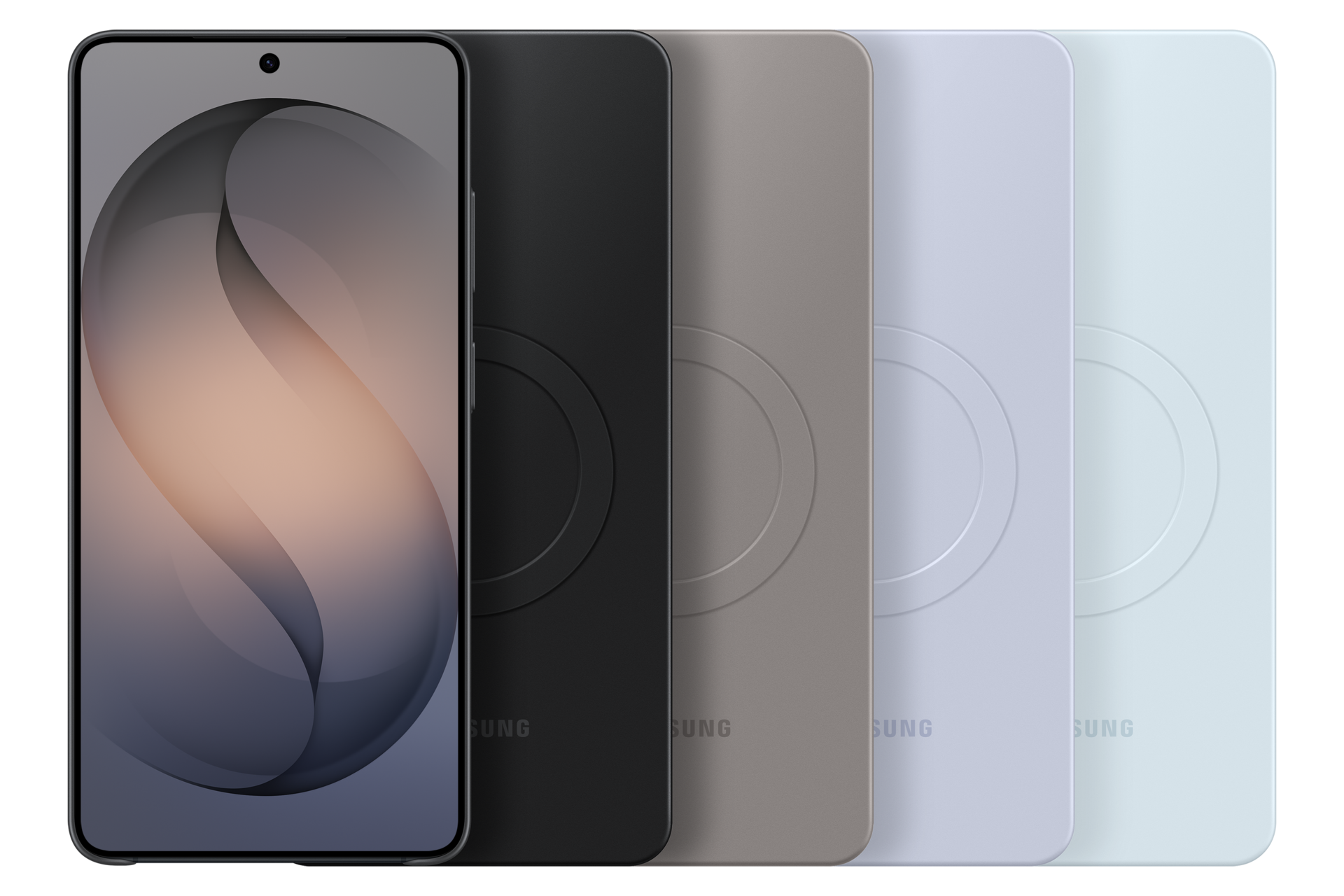 Ein Smartphone mit einem abstrakten Hintergrundbild, daneben vier Smartphones in verschiedenen Farben.