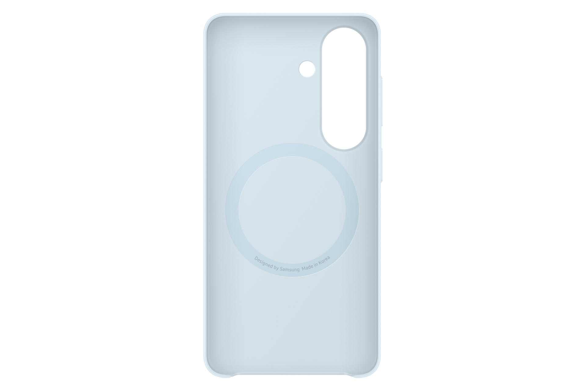 Helles blaues Handycover mit kreisförmigem Magnetring und Kamerasteg.