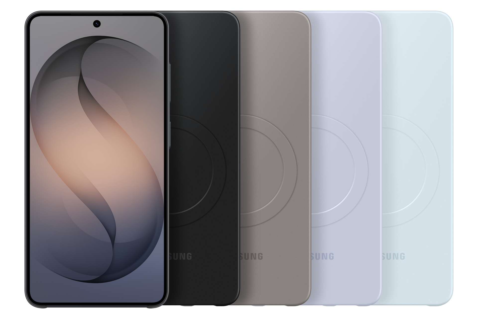 Ein Smartphone mit einem grauen abstrakten Hintergrundbild wird neben vier bunten Hüllen gezeigt.