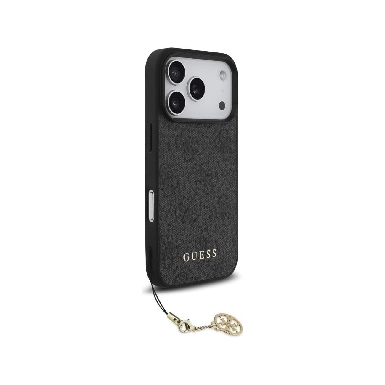 Custodia nera Guess per telefono con motivo logo e laccetto.