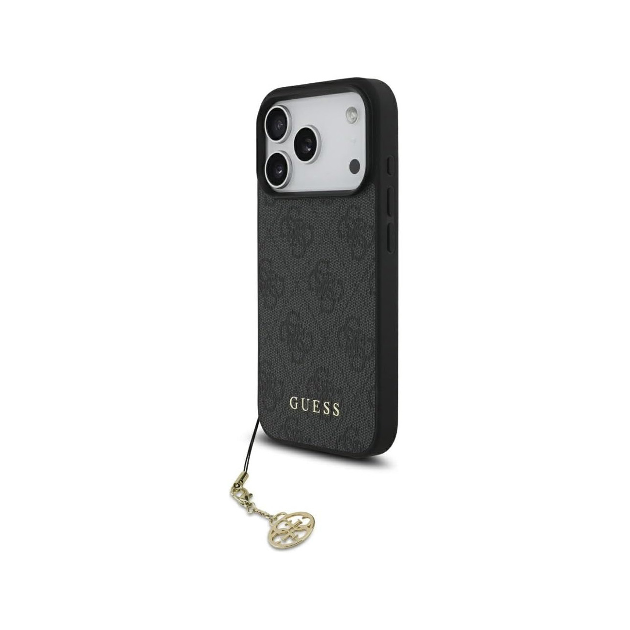 Custodia nera per telefono con logo GUESS, ritaglio fotocamera e ciondolo.