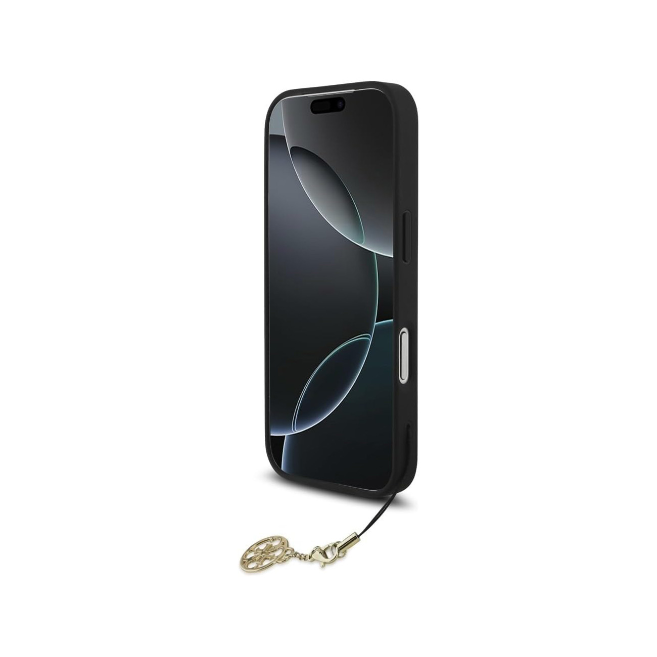 Uno smartphone nero con un ciondolo dorato è mostrato su sfondo bianco.