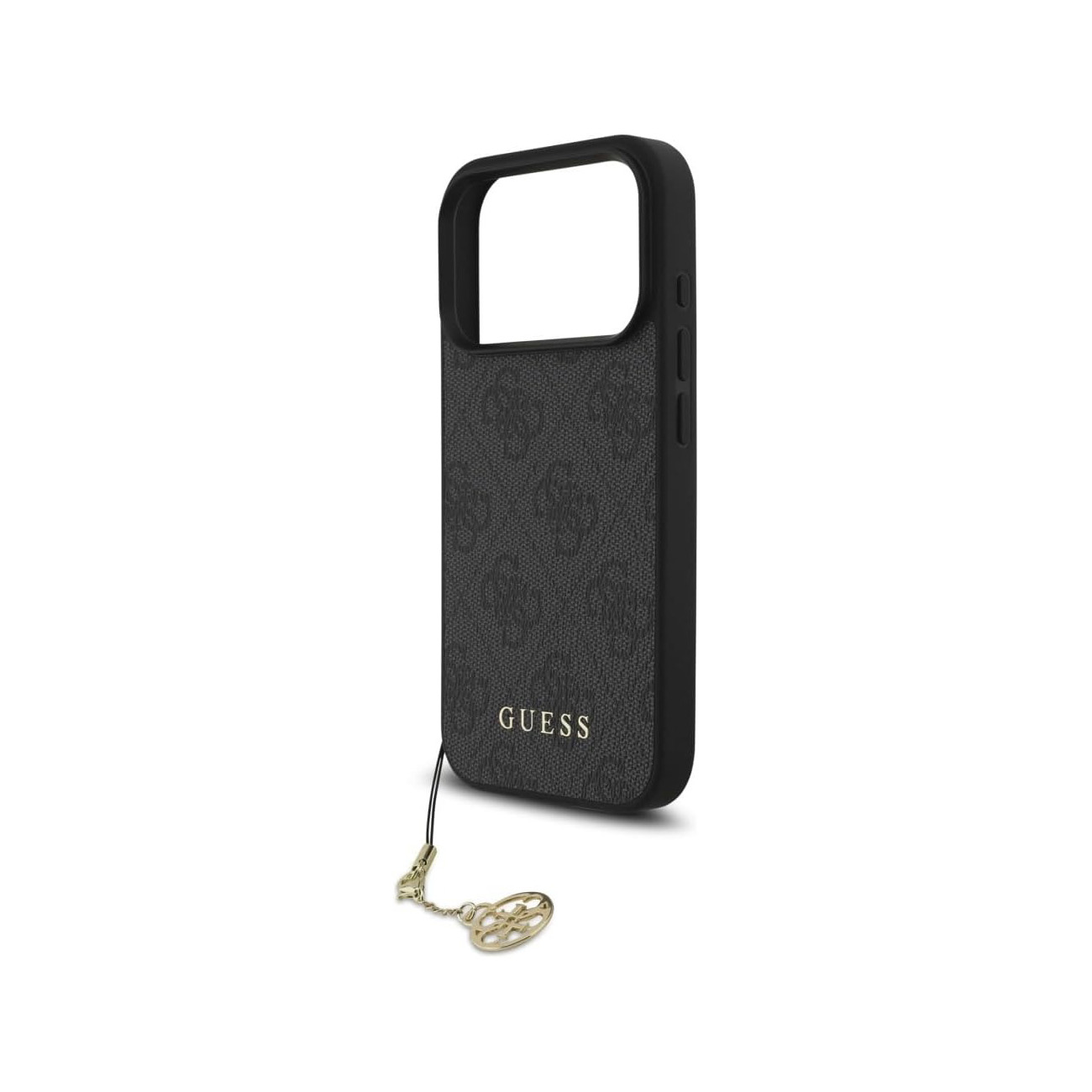 Custodia nera per telefono con motivo a logo GUESS ripetuto e ciondolo dorato.