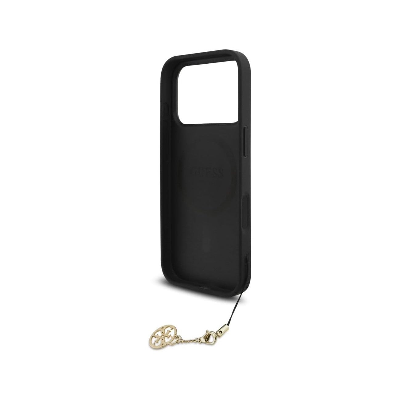 Custodia nera per telefono con logo Guess e ciondolo dorato.