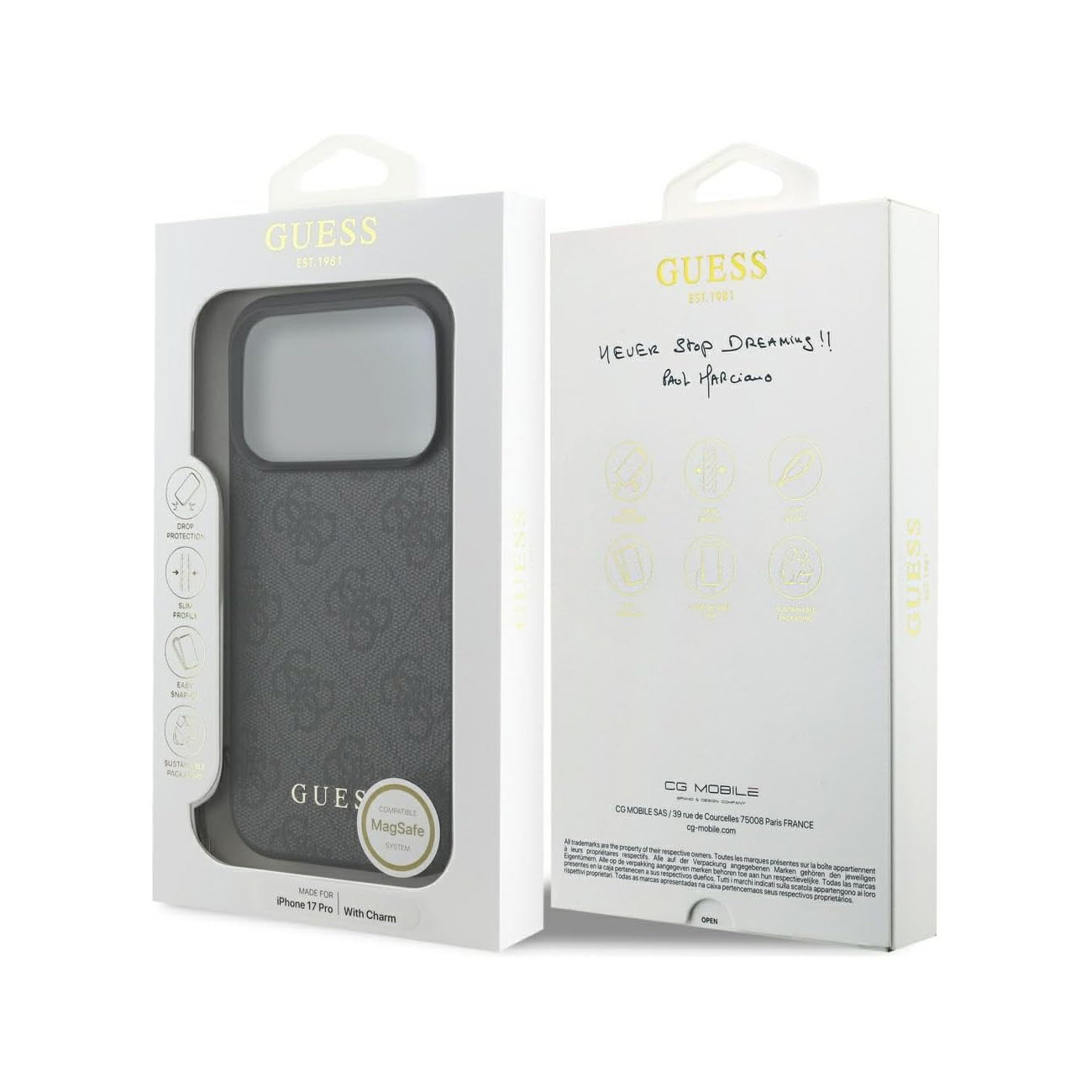 Custodia Guess iPhone 17 Pro con sistema MagSafe, grigia, motivo logo.