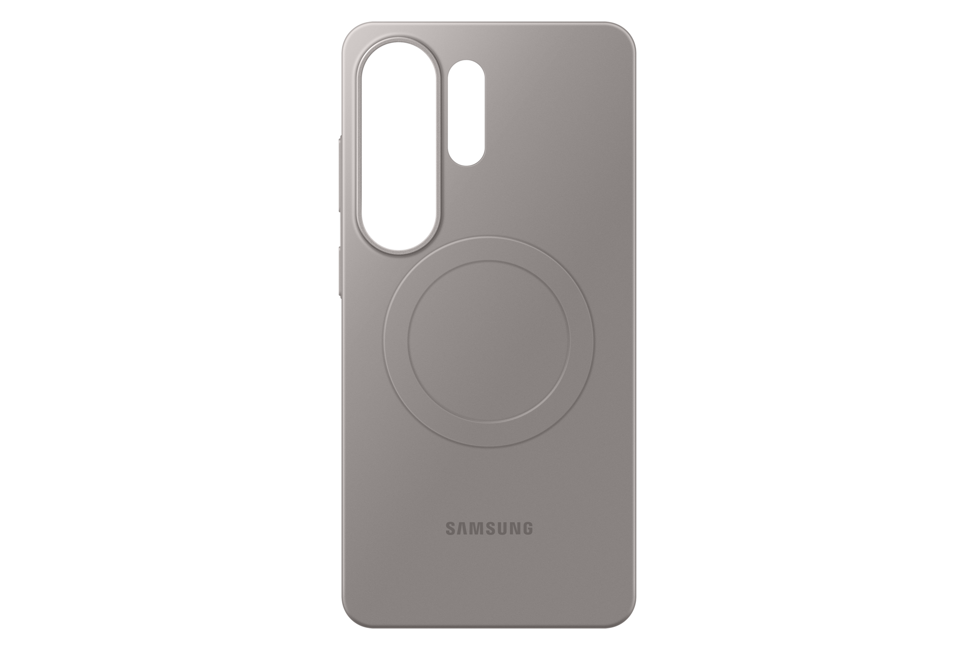 Graue Handyhülle mit Kamerabereich und Ladekreis. Samsung-Logo unten.