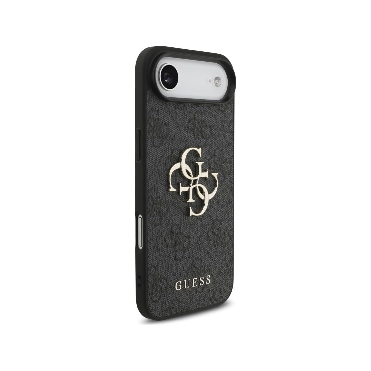 Custodia nera per telefono con logo GUESS e motivo monogramma su sfondo bianco.