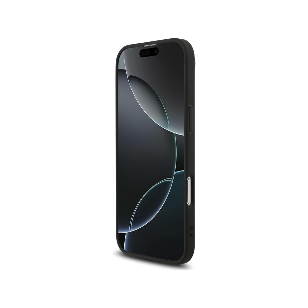 Uno smartphone nero con sfondo scuro e curve illuminate dall'alto e dal basso.