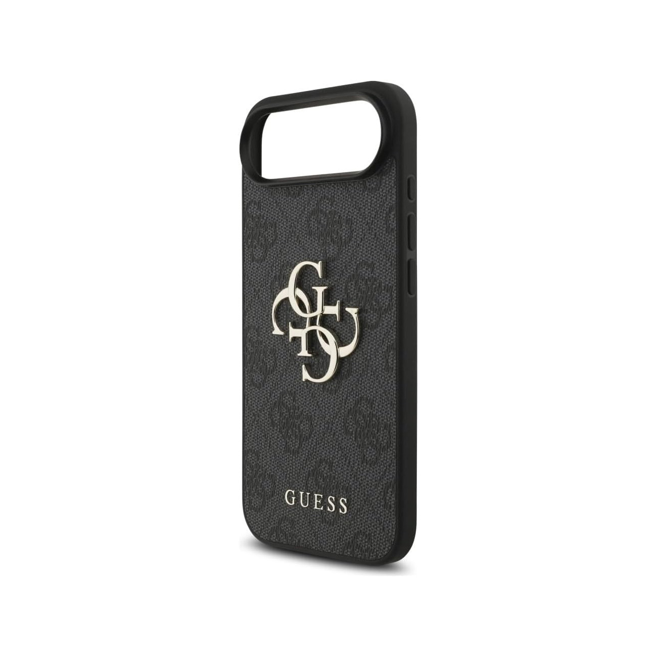 Una cover Guess nera con motivo a logo ripetuto e stemma argentato.