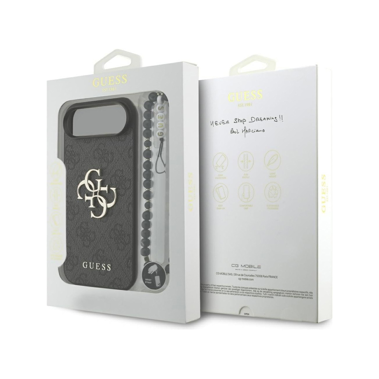 Custodia Guess per telefono con logo e cinturino di perline.