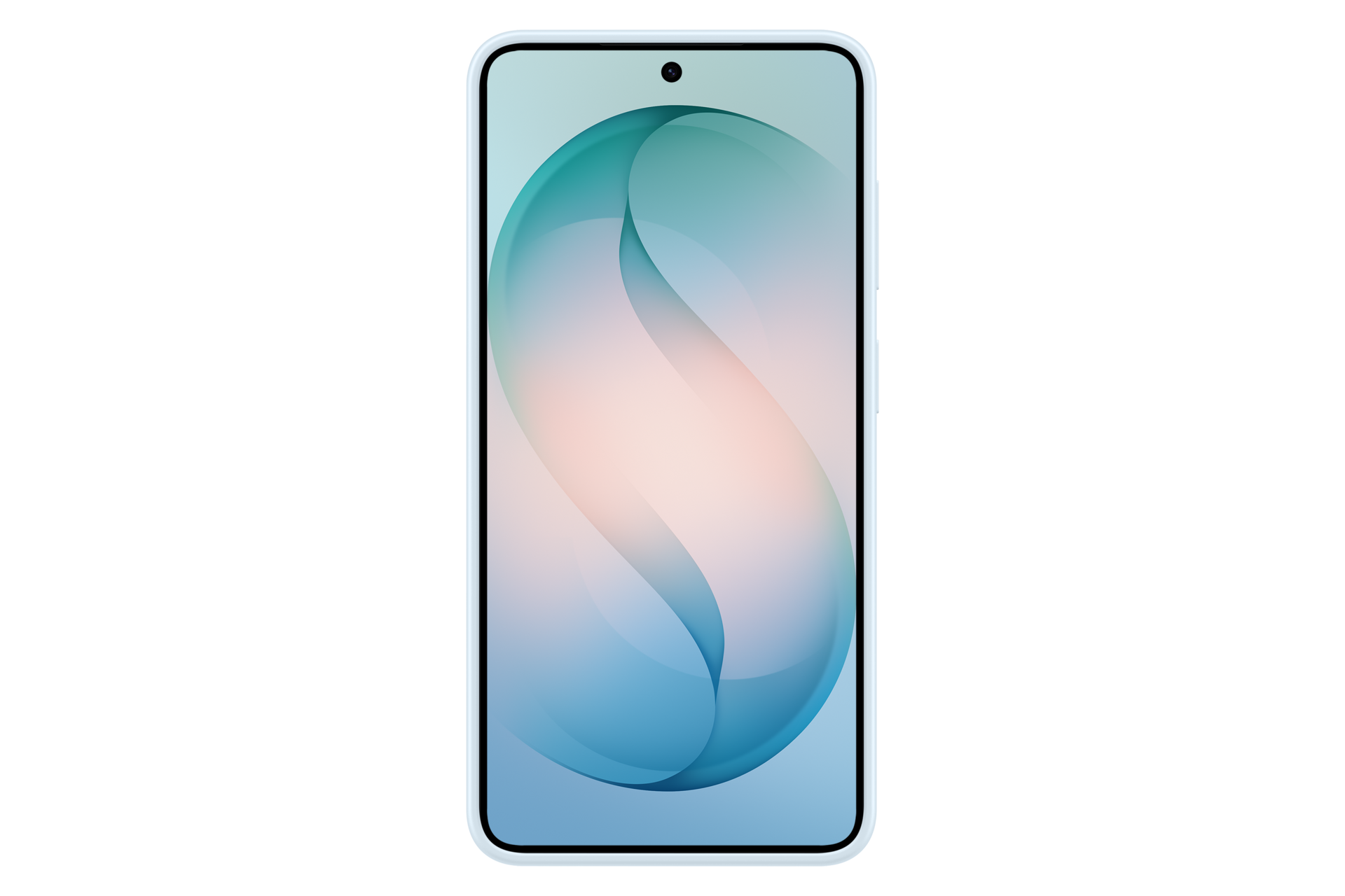 Ein hellblaues Smartphone mit einem abstrakten Hintergrundbild in Blau- und Pfirsichtönen.