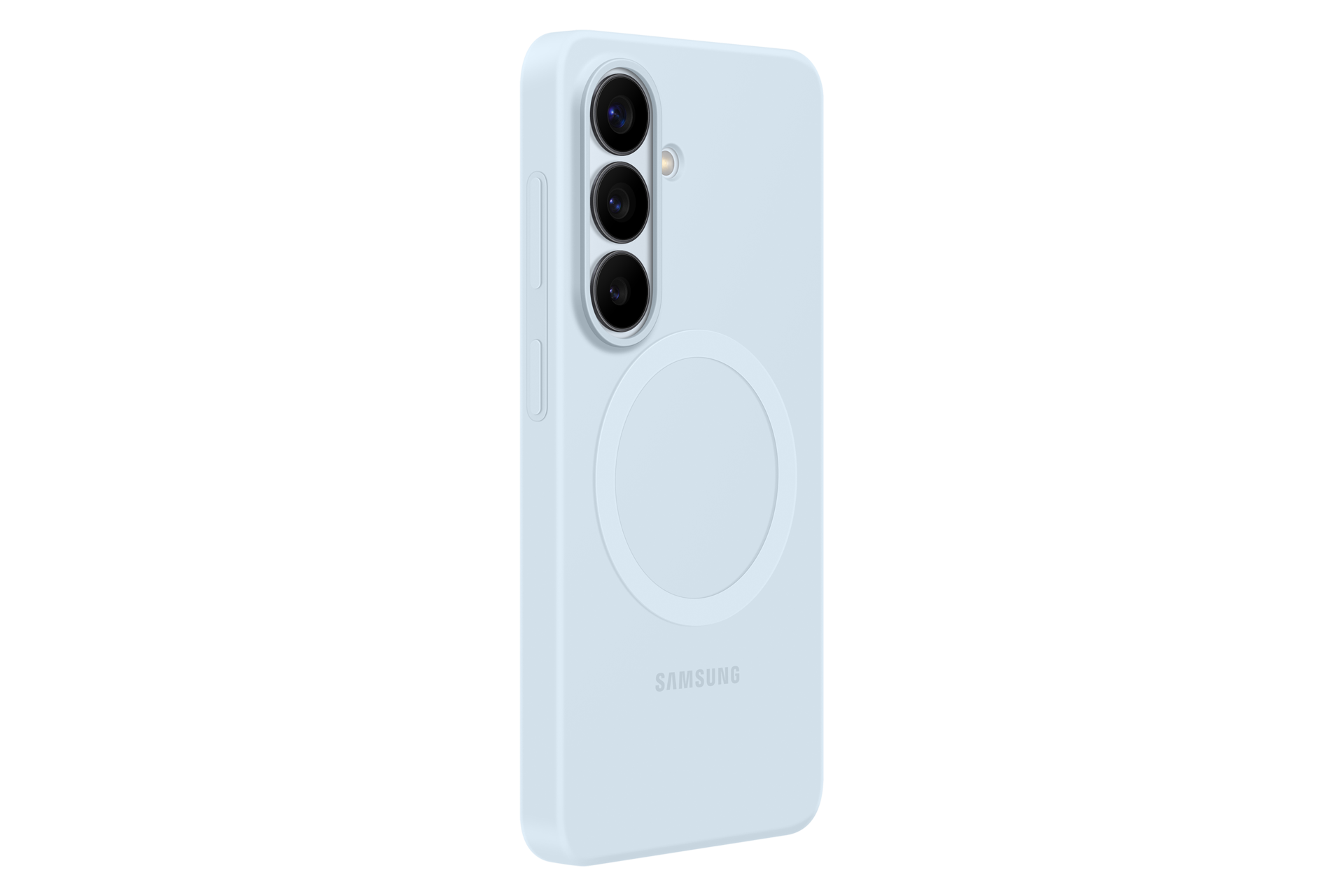Eine hellblaue Handyhülle mit drei Kameras und dem Samsung-Logo.