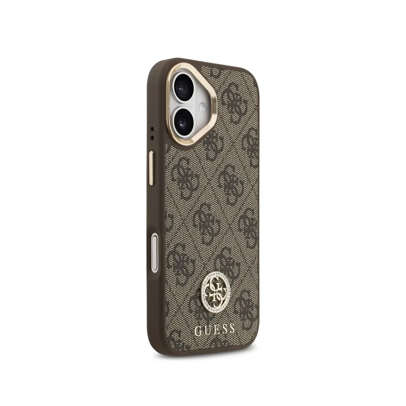 Funda marrón para teléfono con patrón de logo repetido y borde dorado. Con recorte de doble cámara.