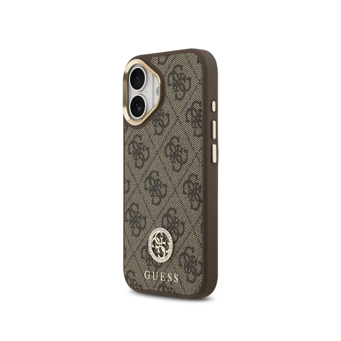 Funda marrón Guess con estampado de monograma y logo dorado.
