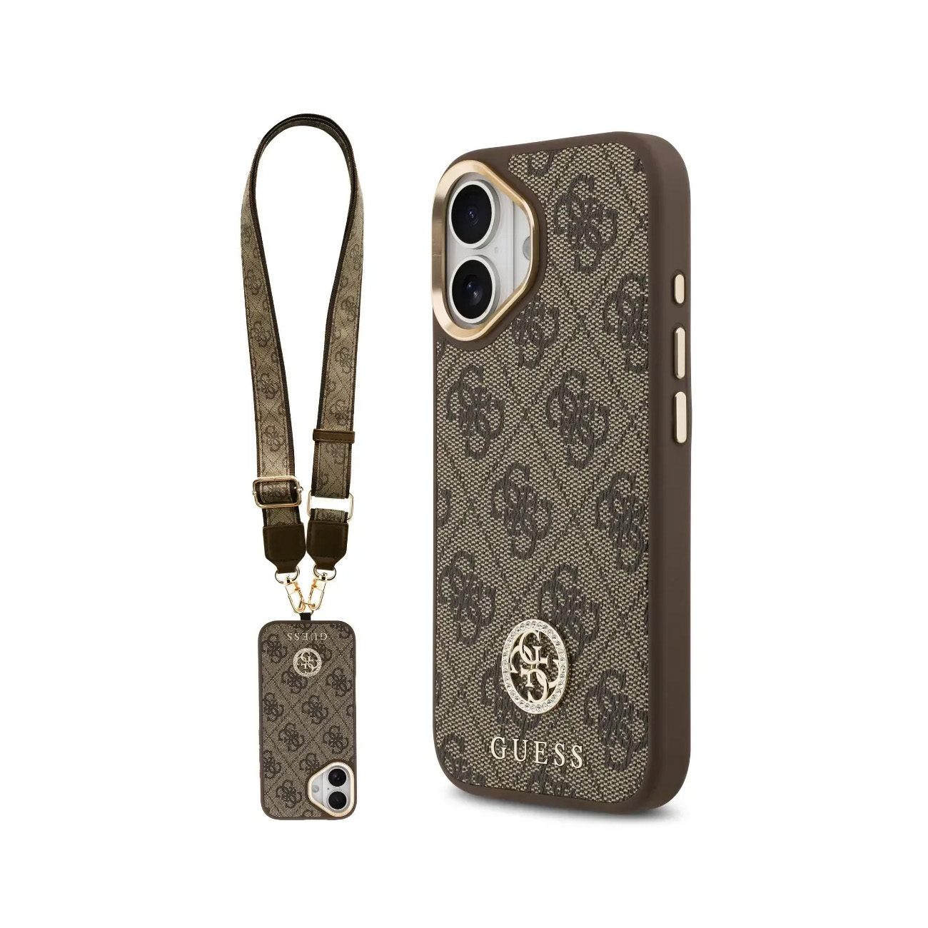 Funda marrón Guess para teléfono con cordón y estampado monograma.