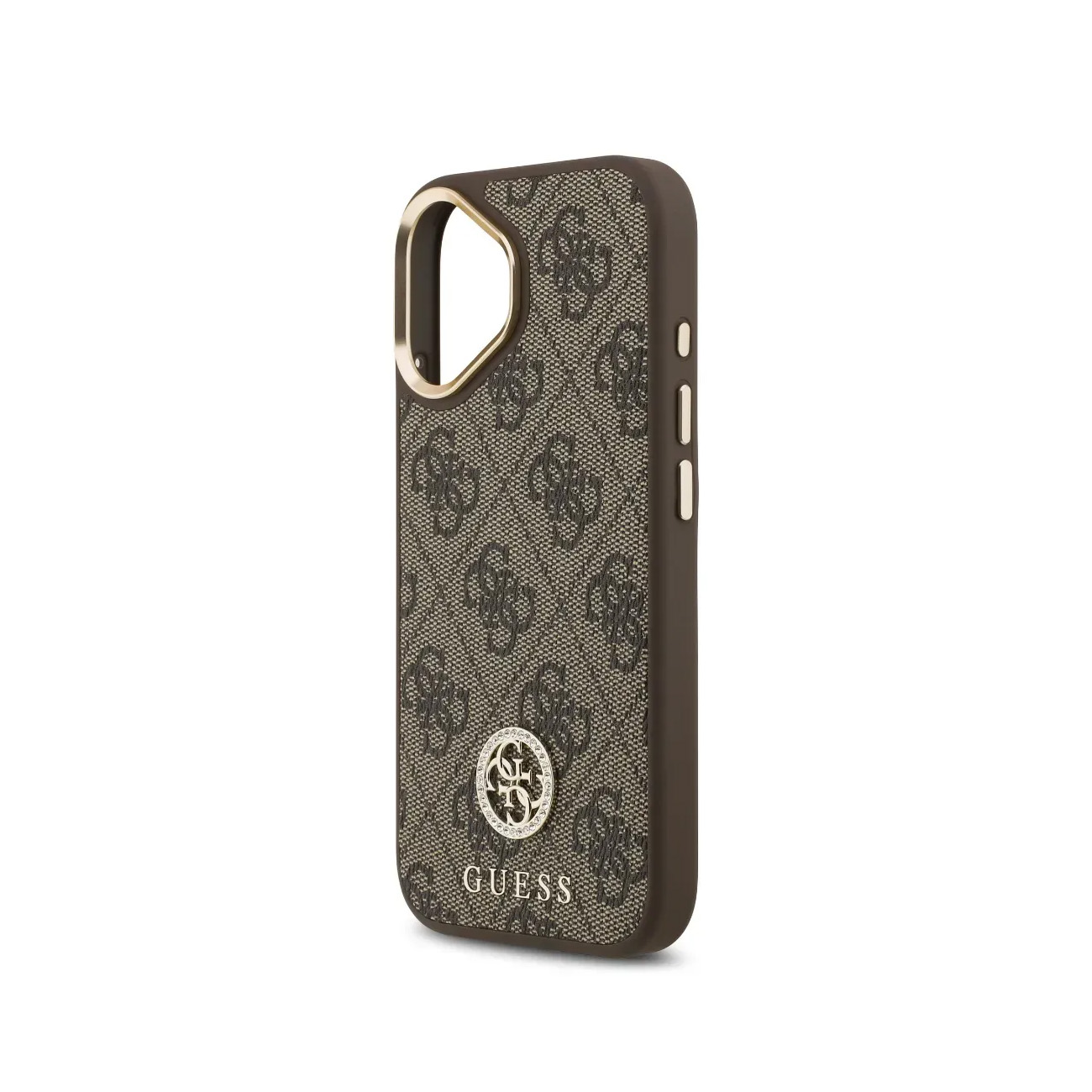 Funda de teléfono Guess marrón con logo y patrón, borde dorado, sobre fondo blanco.