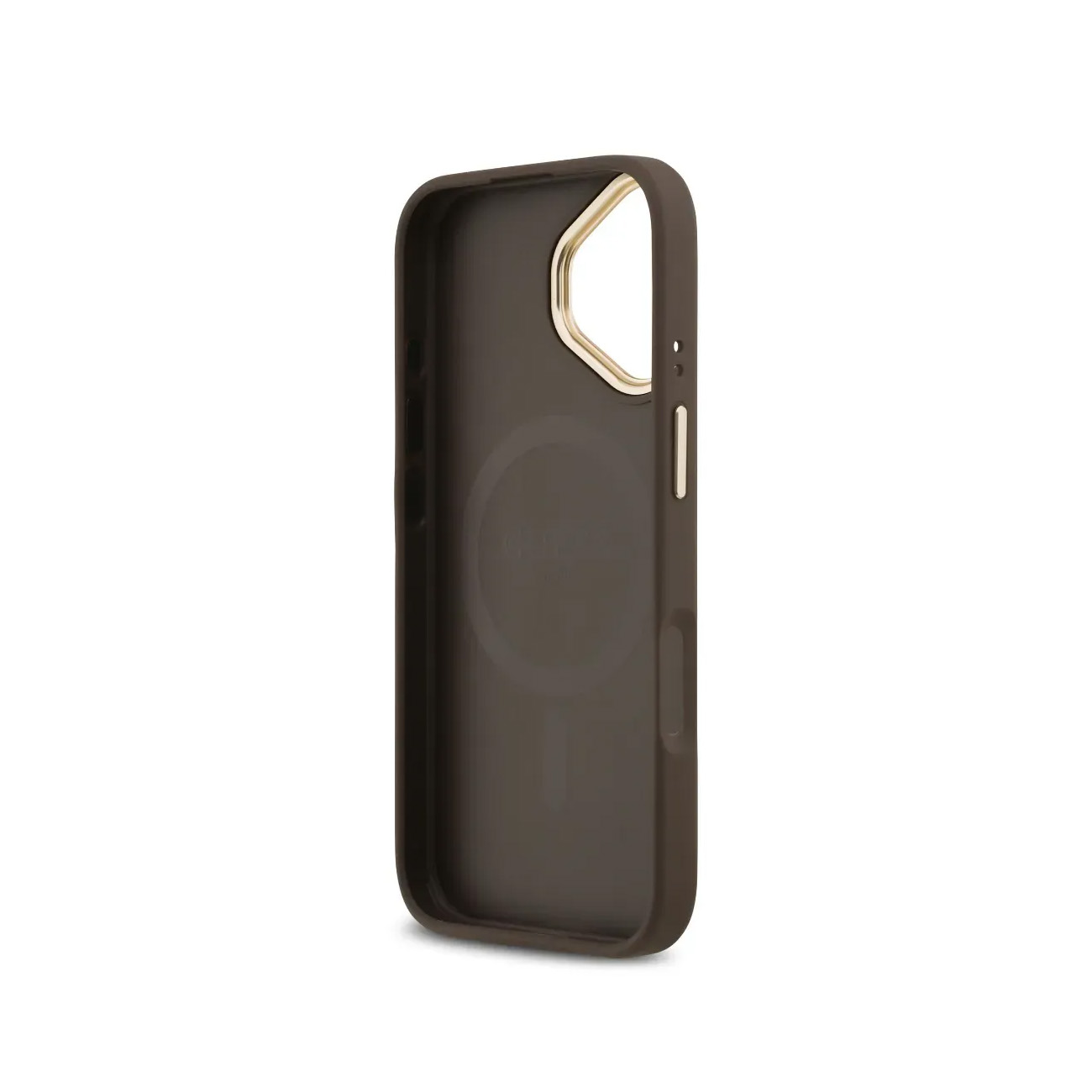 Funda de teléfono marrón con borde dorado para la lente de la cámara.