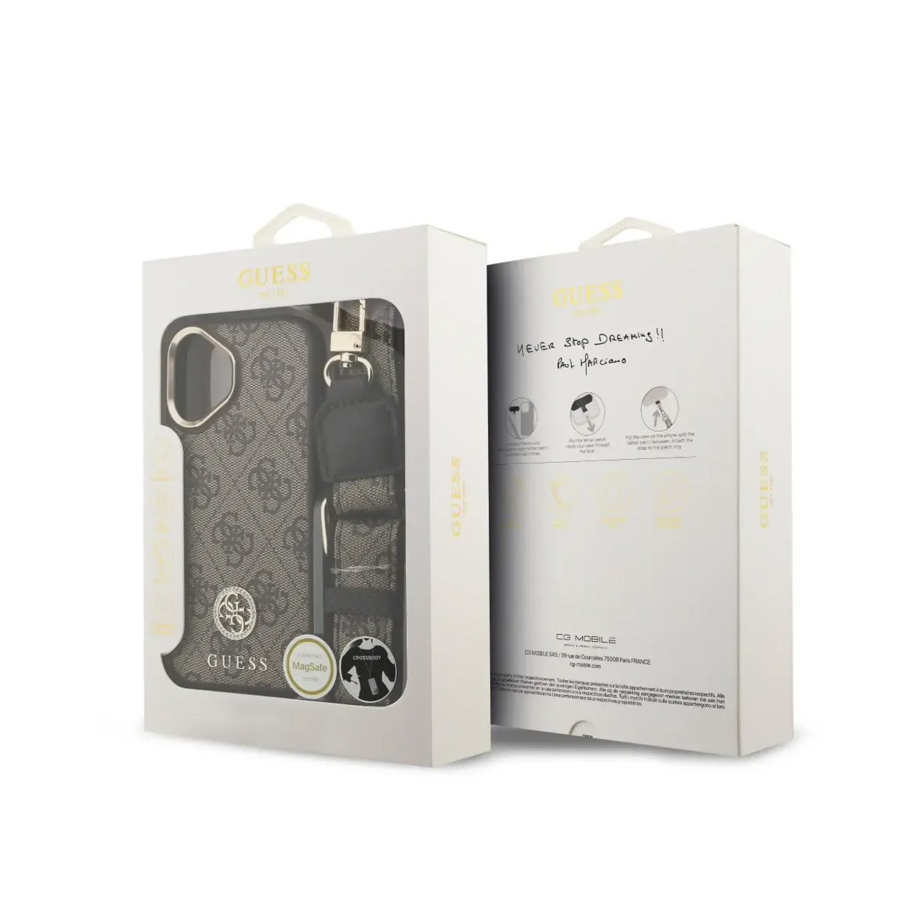 Funda Guess para teléfono con correa cruzada y compatibilidad MagSafe en embalaje.