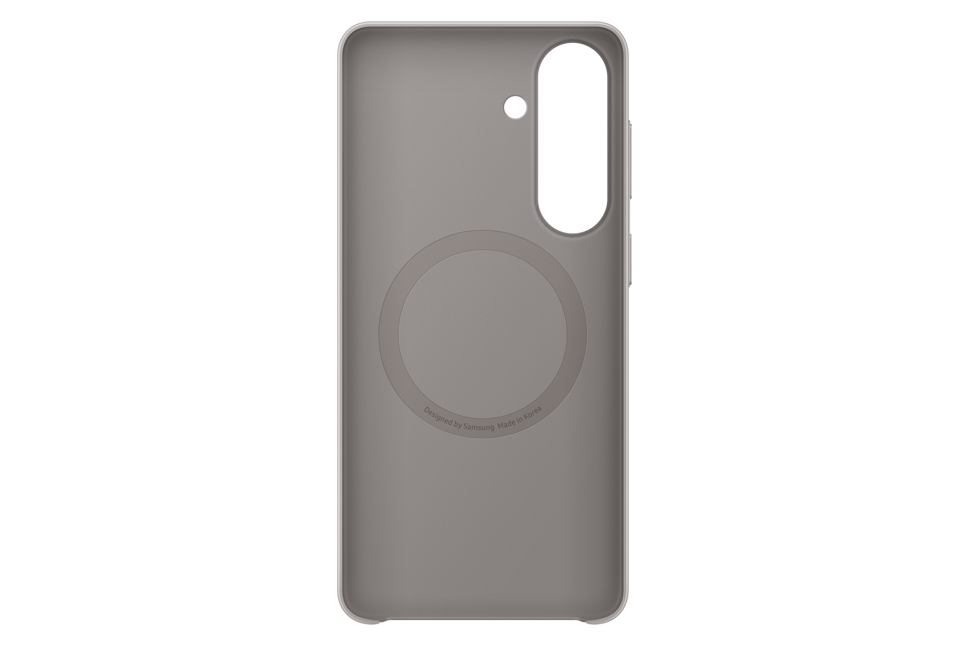 Una cover grigia per telefono Samsung con anello magnetico circolare e ritaglio fotocamera.