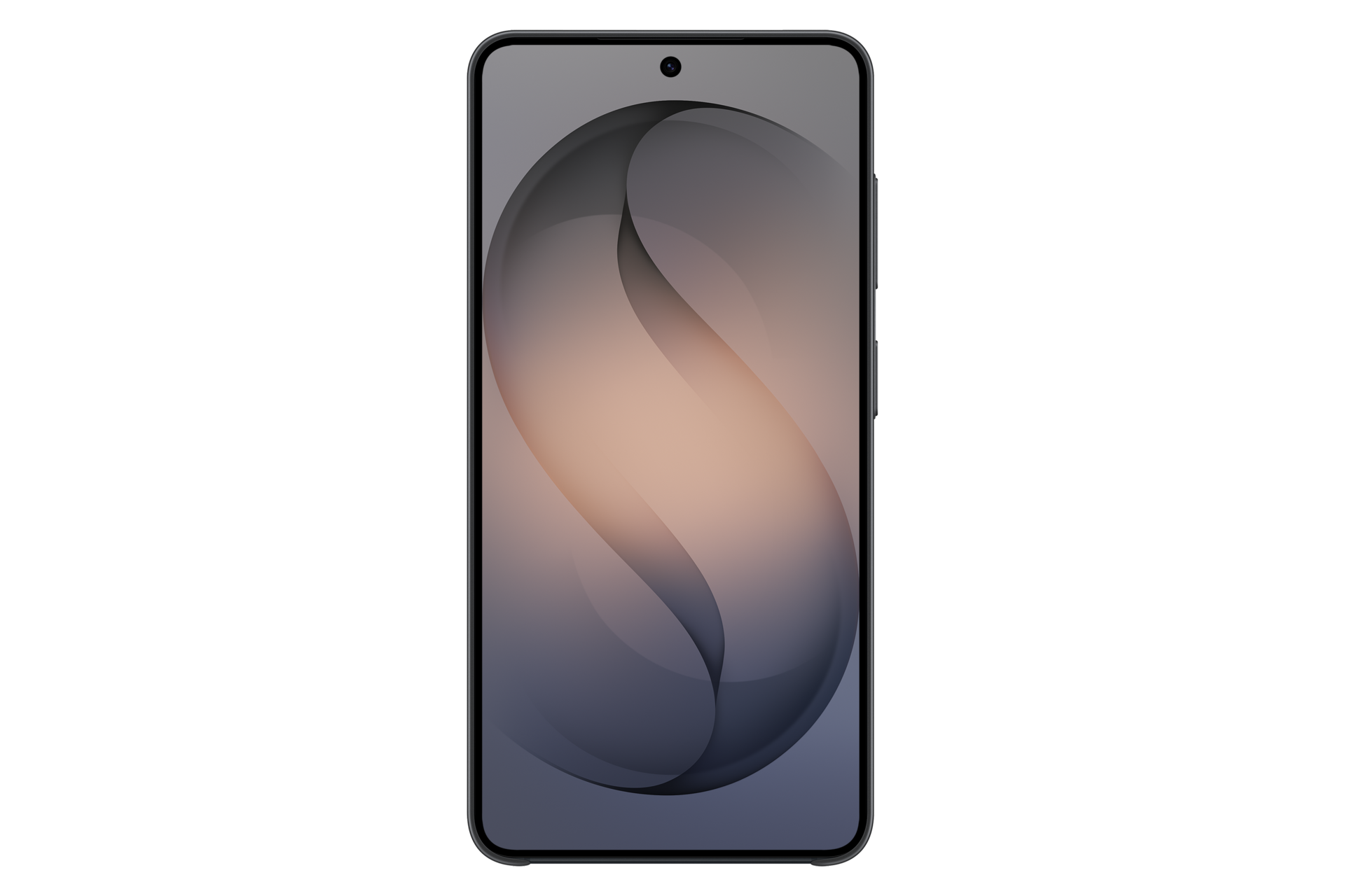 Uno smartphone scuro con uno sfondo astratto e curvo nei toni del grigio e pesca.