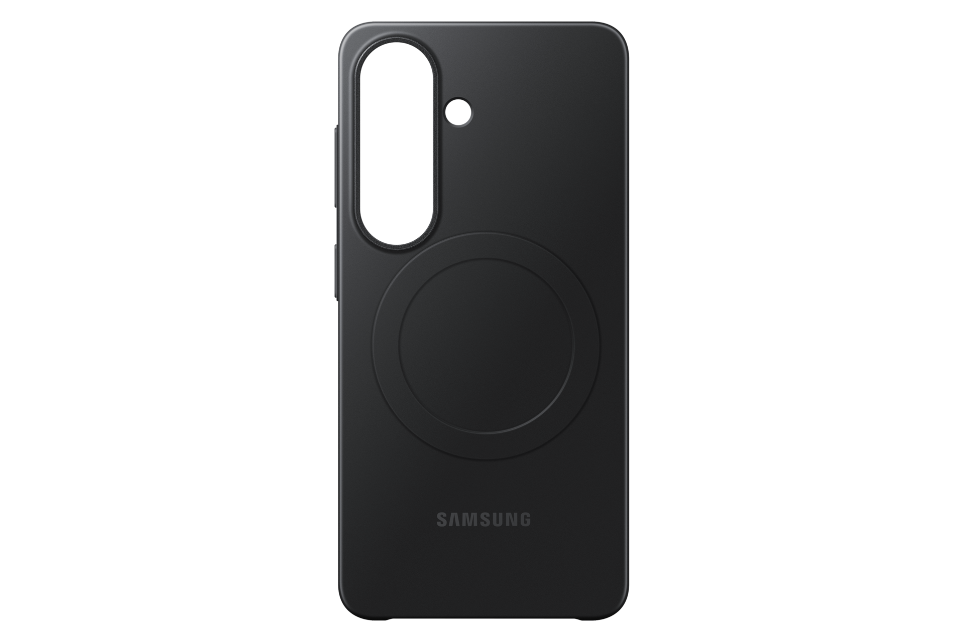 Custodia nera per telefono Samsung con ritaglio circolare per ricarica wireless.
