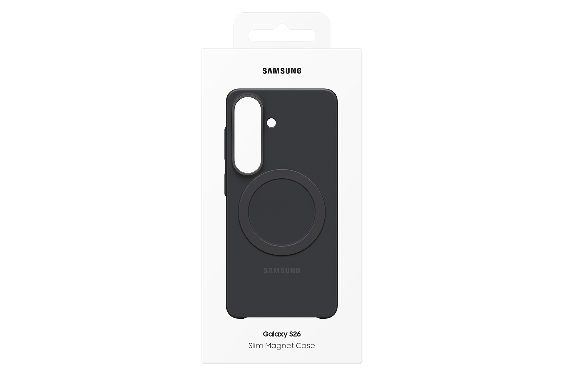 Custodia magnetica sottile Samsung Galaxy S26 grigio scuro, in confezione.