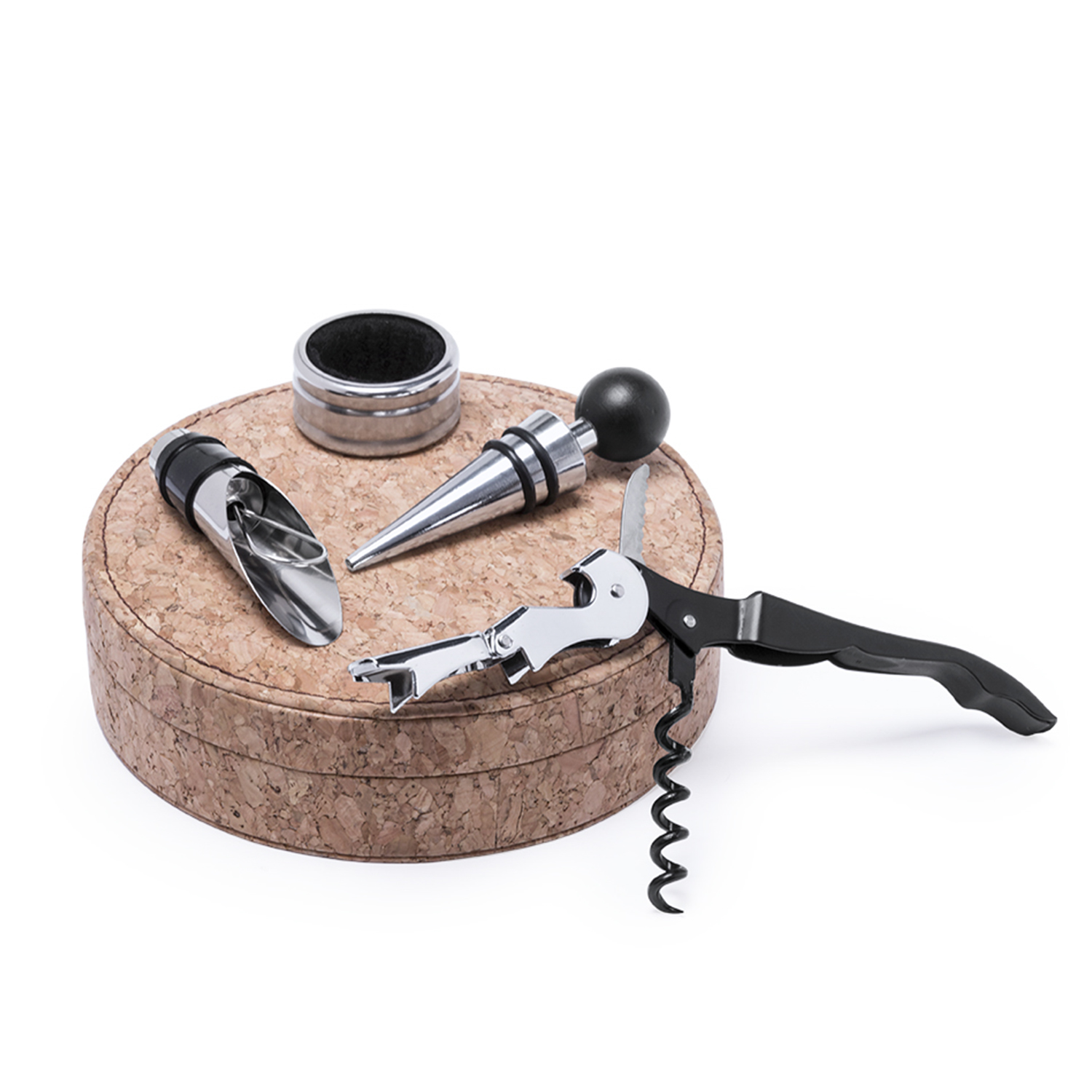 Set apribottiglie su base di sughero: cavatappi, anello antigoccia, versatore.