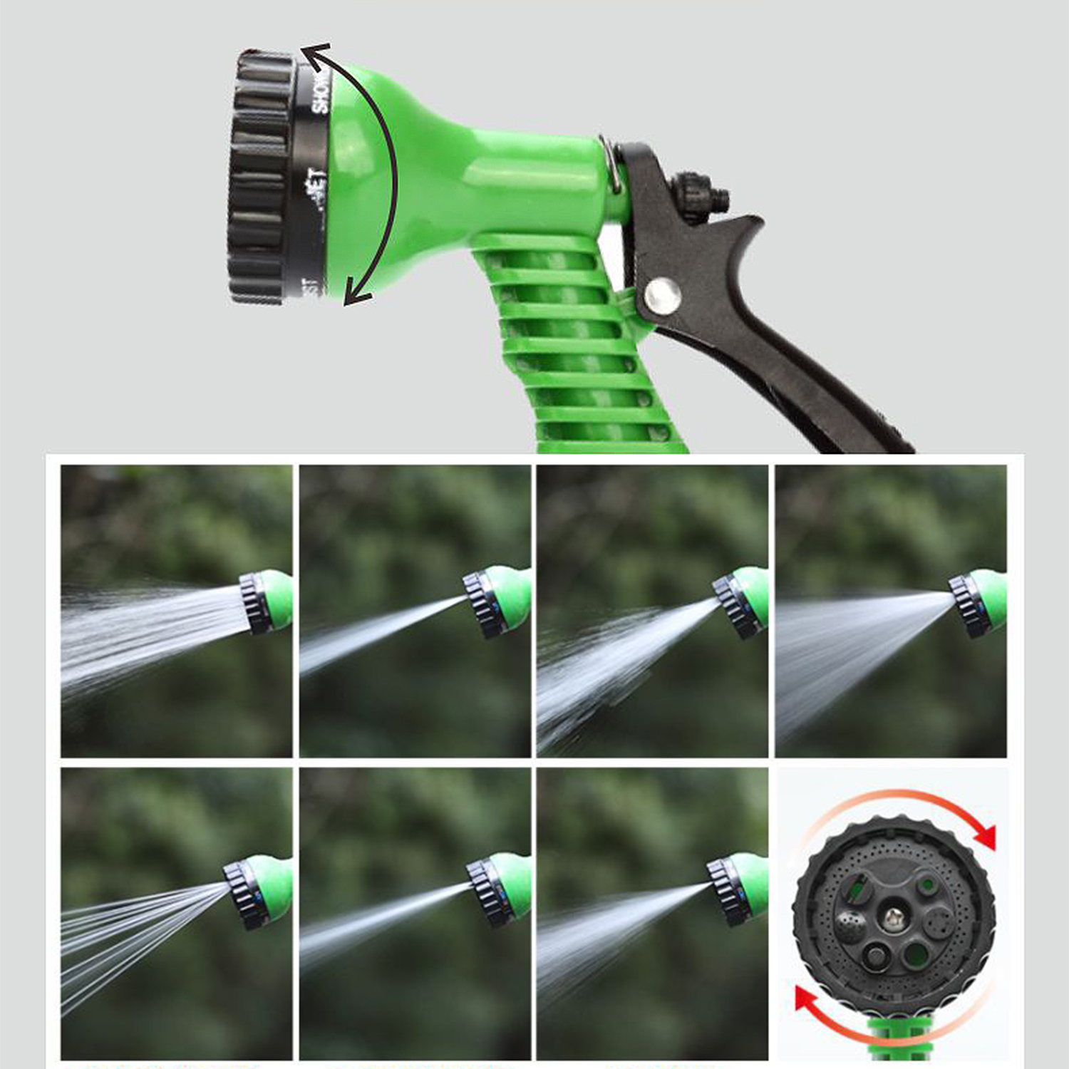Pistola rociadora verde con boquilla ajustable y chorros de agua.