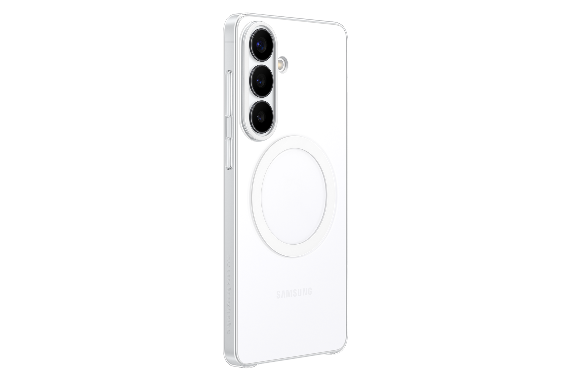 Uno smartphone bianco con tre fotocamere e un anello magnetico rotondo sul retro.