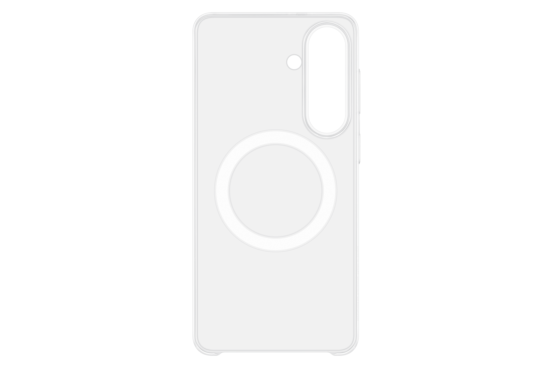 Custodia bianca per telefono con ritaglio circolare e foro per fotocamera.