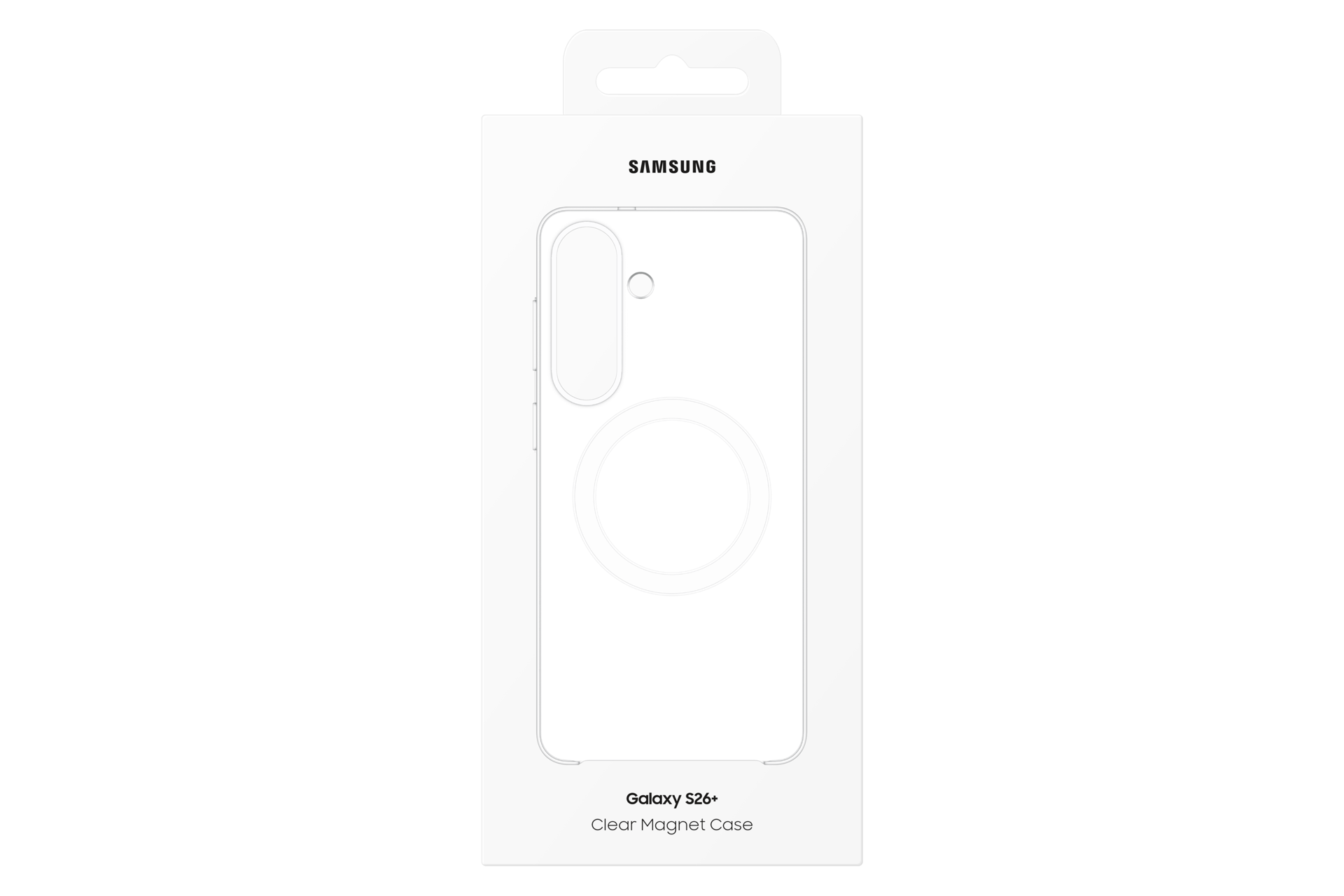 Custodia magnetica trasparente Samsung Galaxy S26+ su scatola bianca.