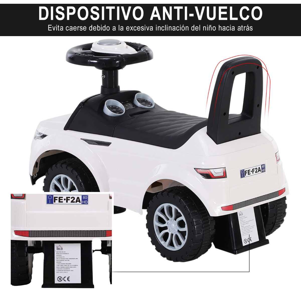 Cochecito blanco con asiento, volante y manillar negros. Vista trasera.