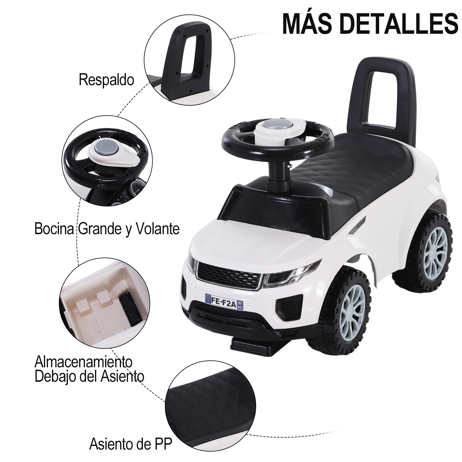 Un coche de juguete blanco para niños con detalles negros, volante y almacenamiento.