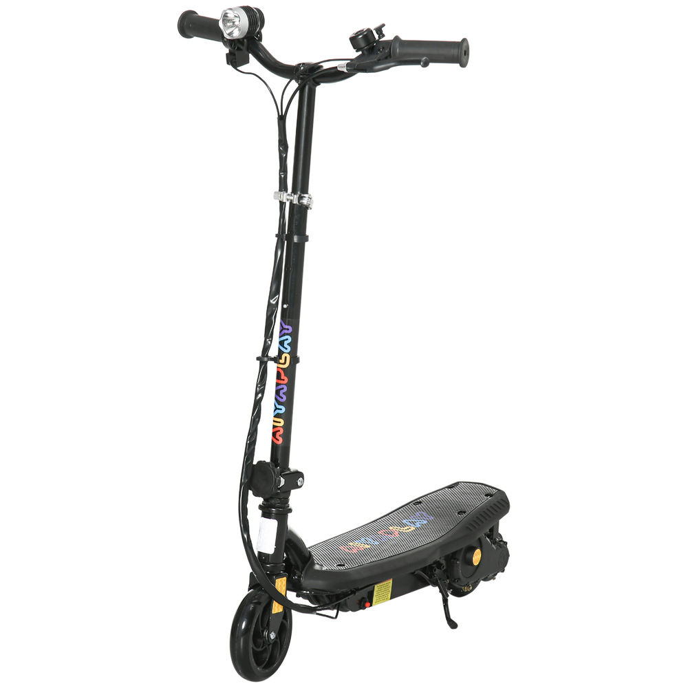Un patinete eléctrico negro con letras coloridas de "MIYAPLAY" en el manillar.