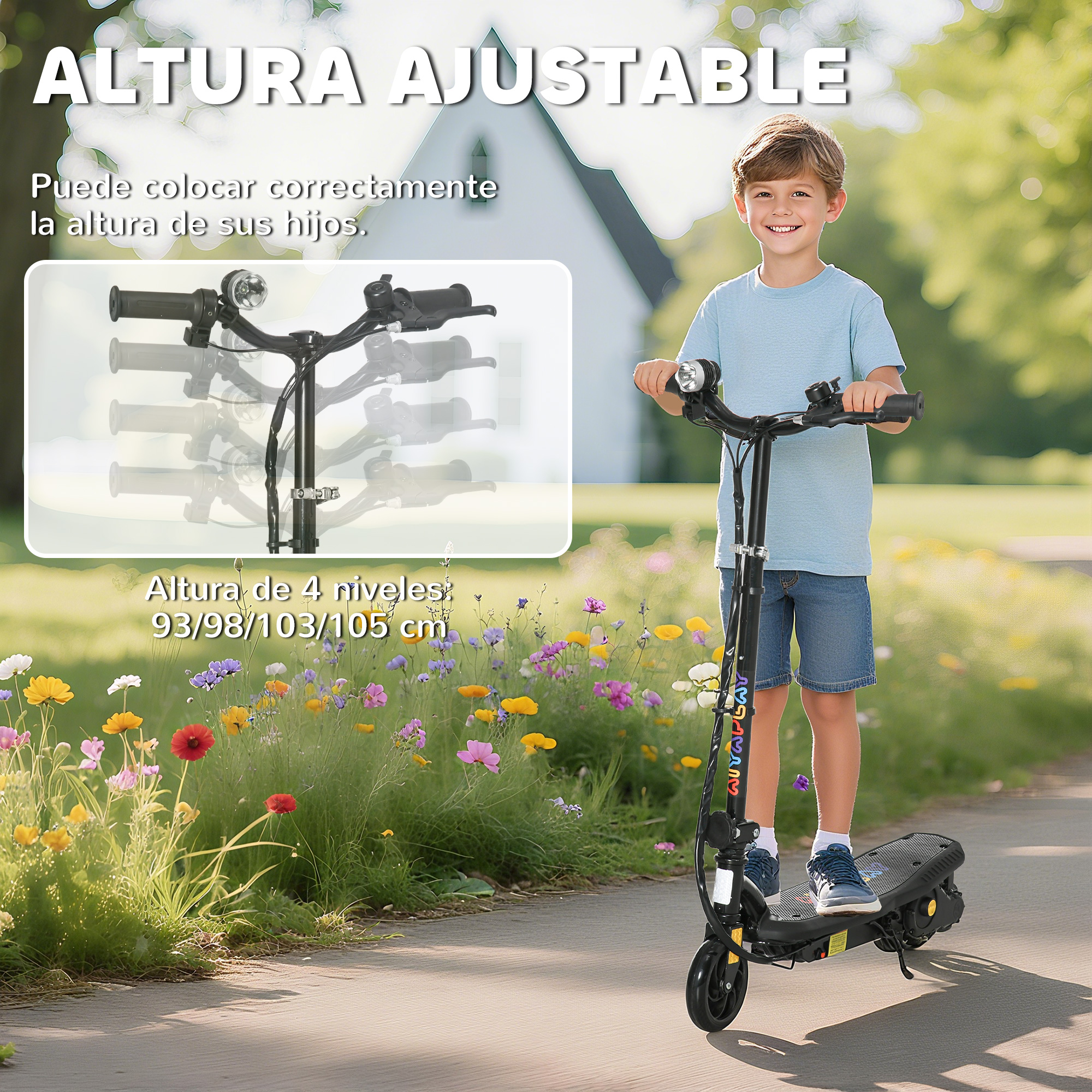 Un niño está de pie en un patinete frente a flores en flor.