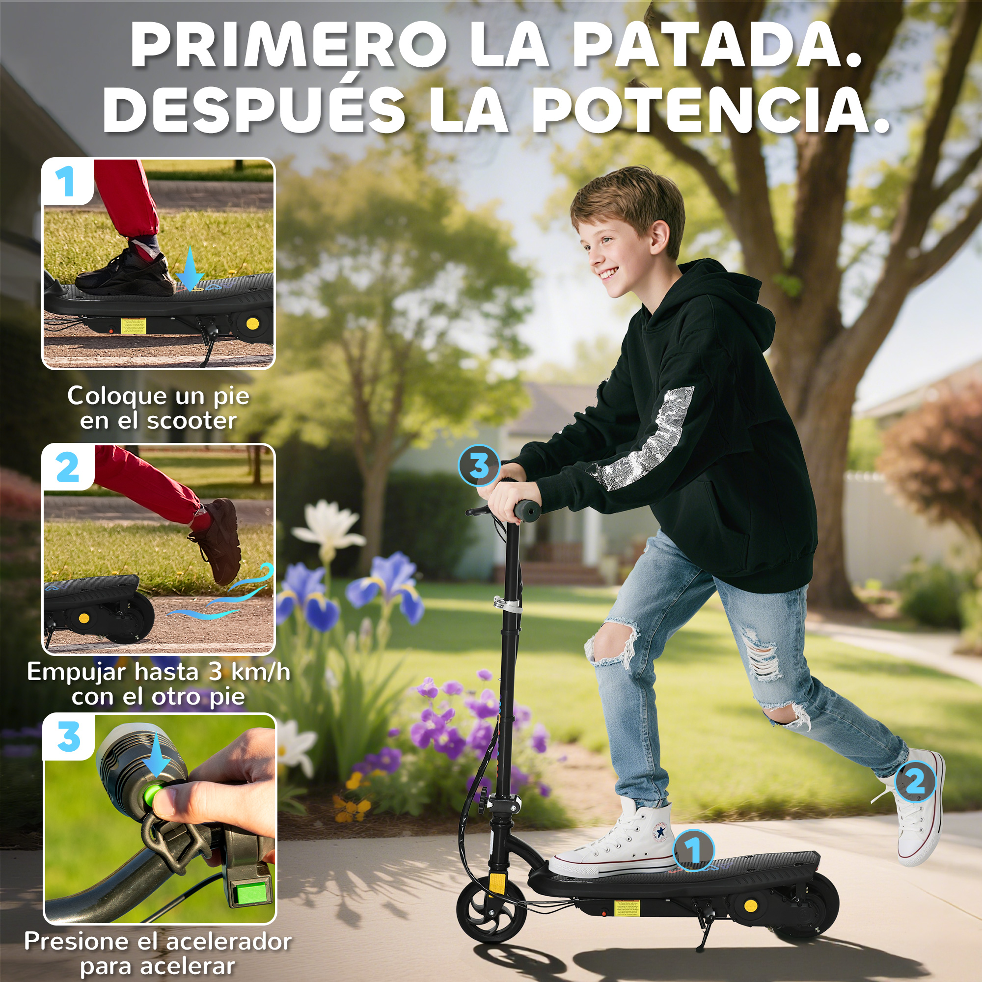Chico montando un patinete eléctrico en un jardín. Pasos de instrucción a la izq.