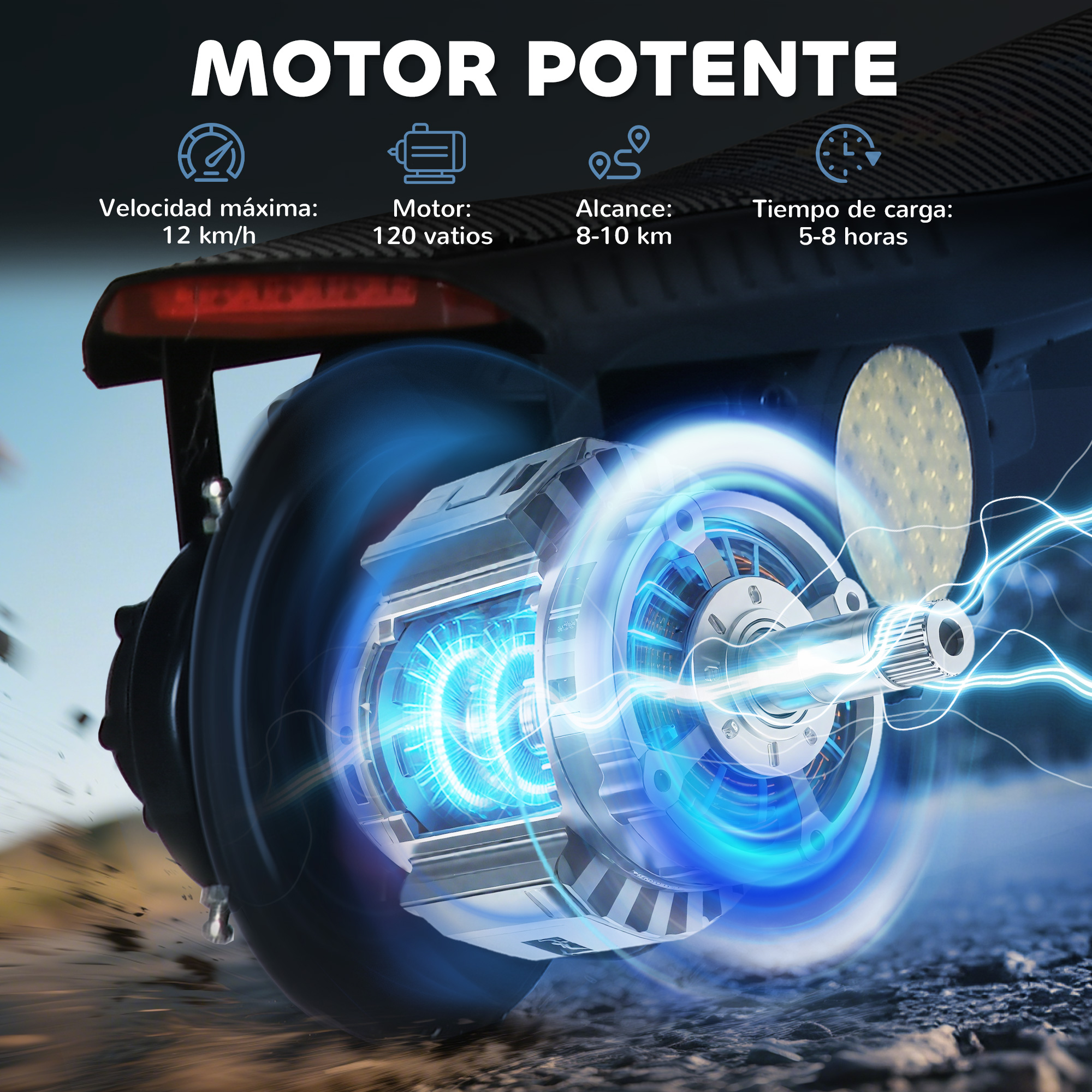 Primer plano de un motor eléctrico potente con luces azules, montado en terreno irregular.