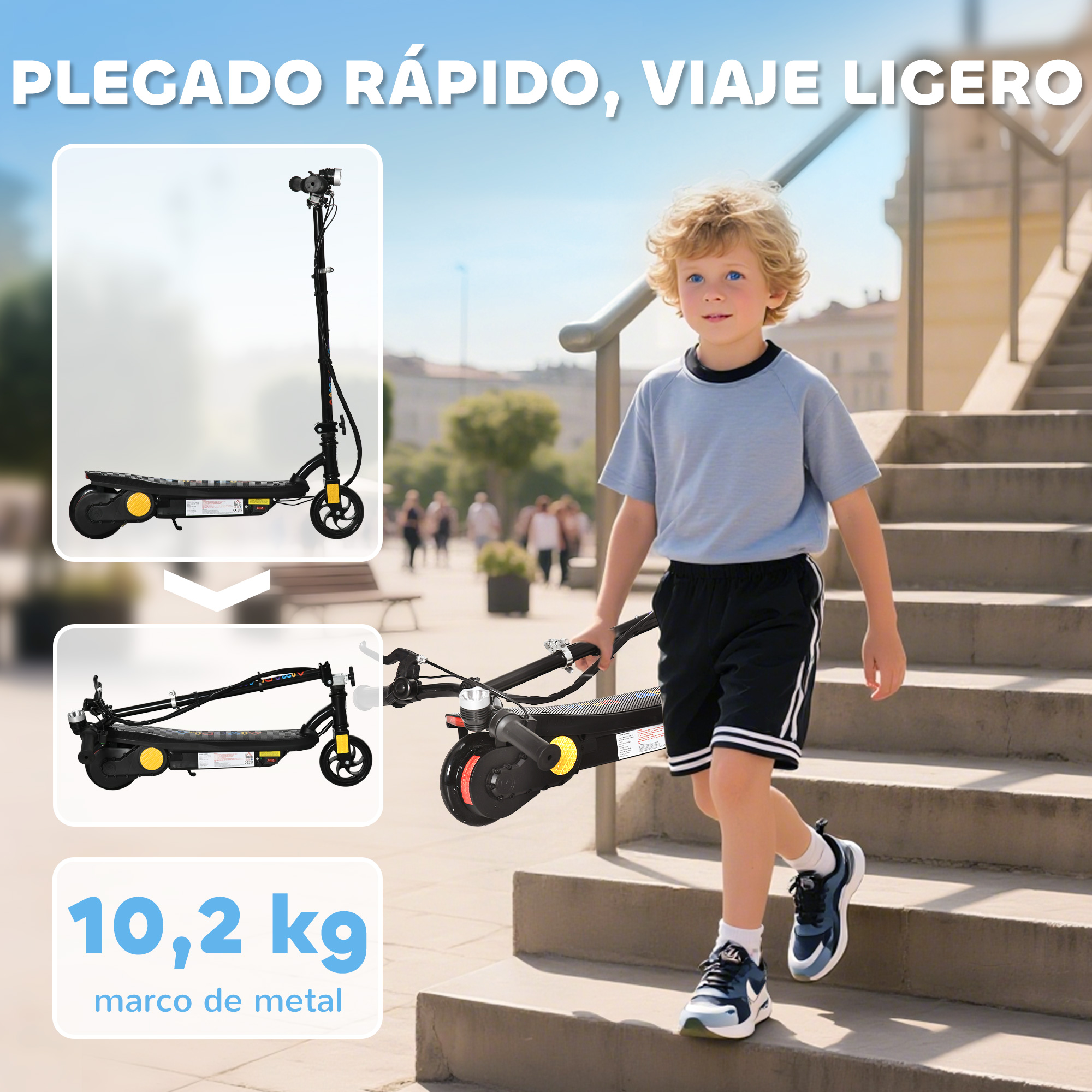 Un niño sube escaleras con un patinete plegable. Se muestran características.