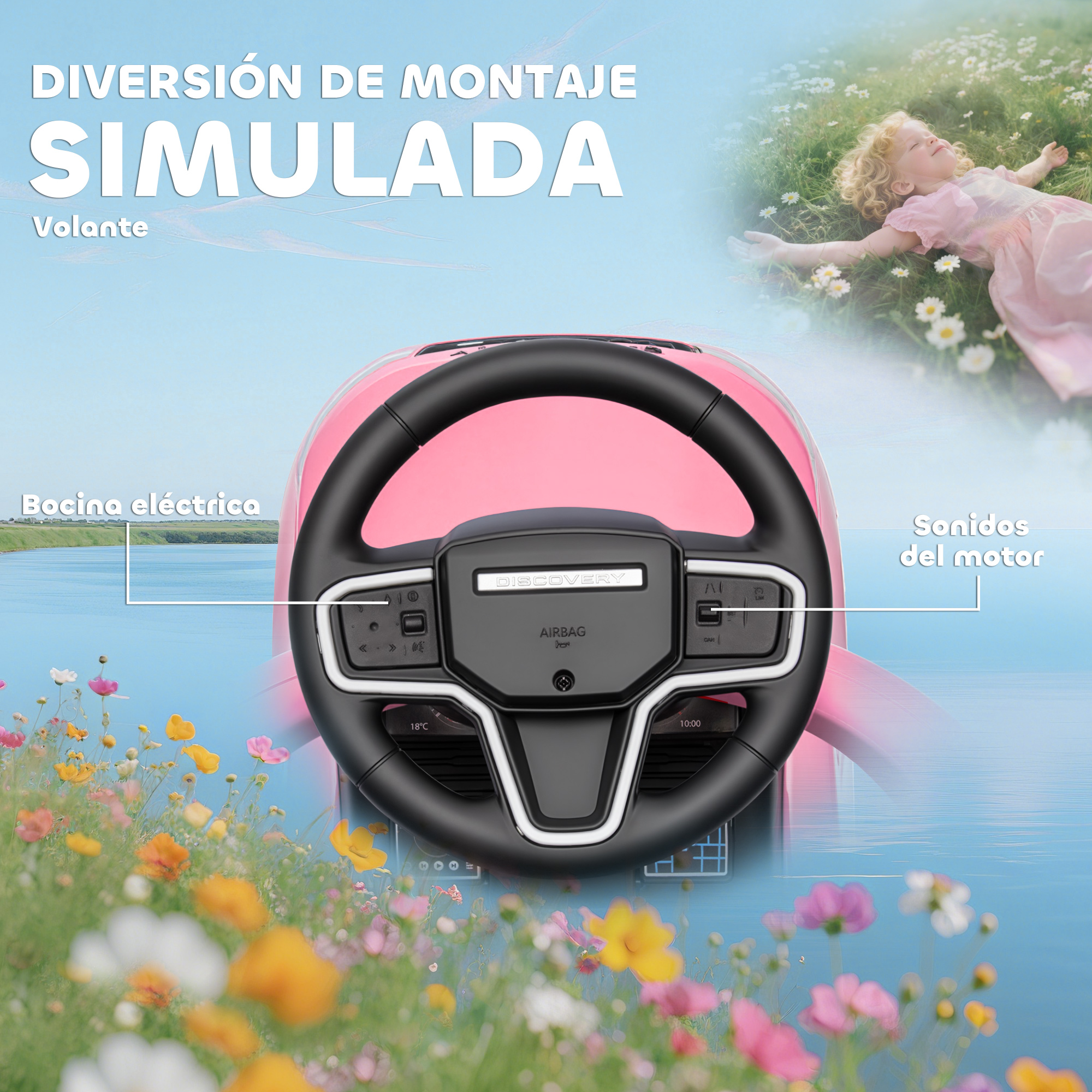 Un volante rosa con flores y una niña en la hierba. Texto: Diversión de montaje simulada