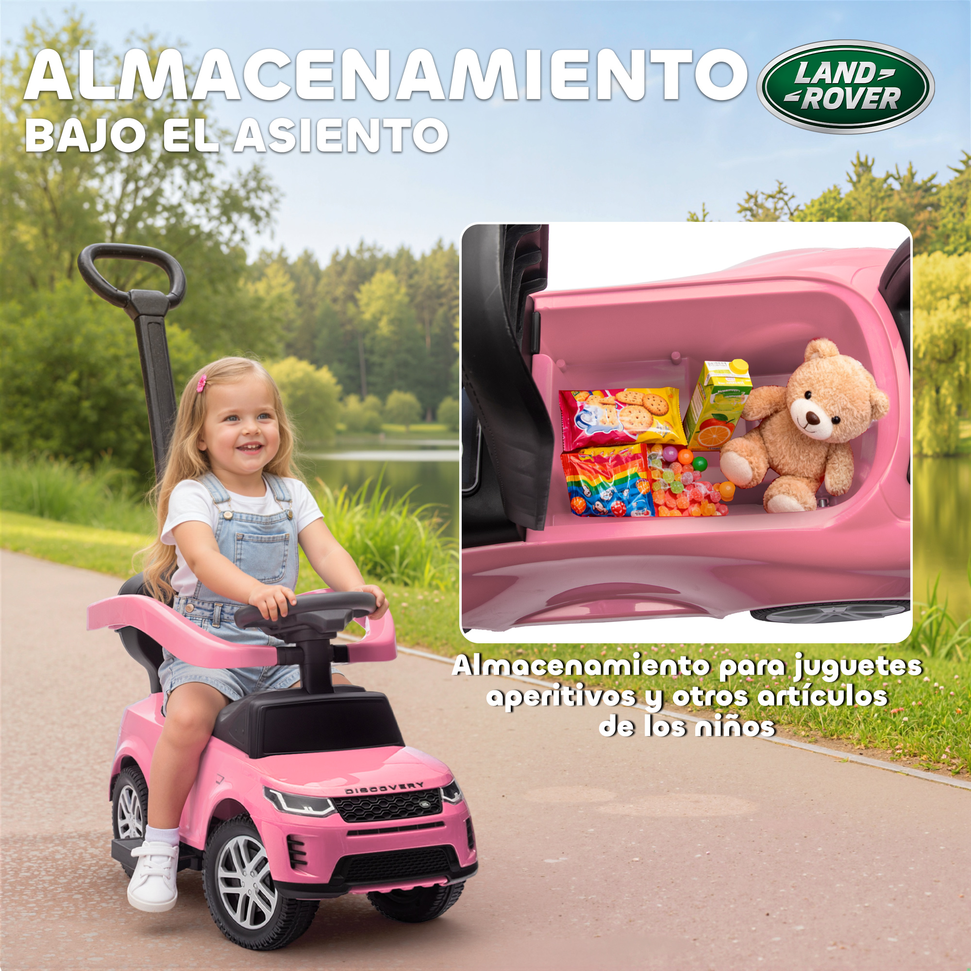 Un coche de juguete Land Rover rosa con una niña y aperitivos.