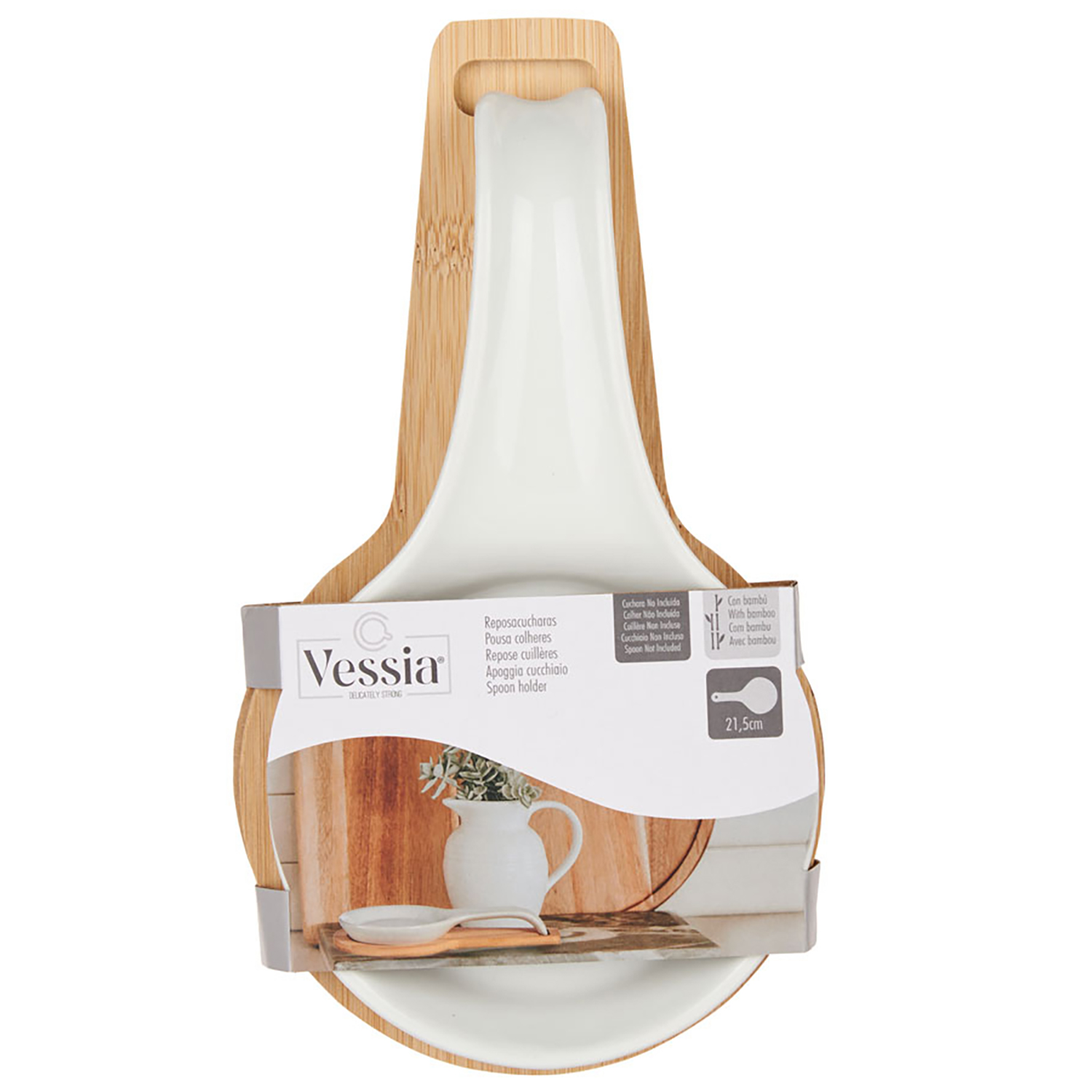 Un porta mestoli bianco in ceramica con base in bambù, 21,5 cm.