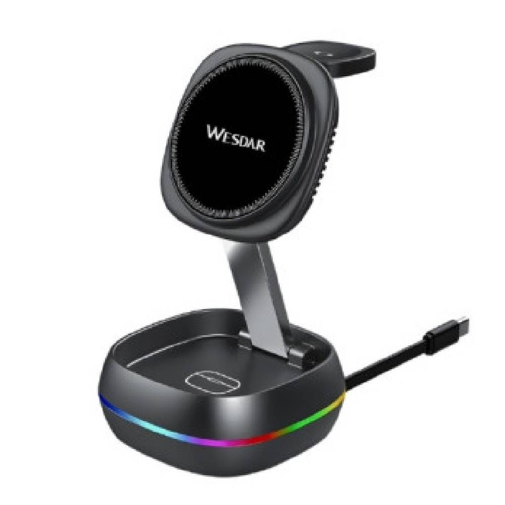 Renkli LED ışıklı ve USB-C kablolu siyah kablosuz şarj standı.