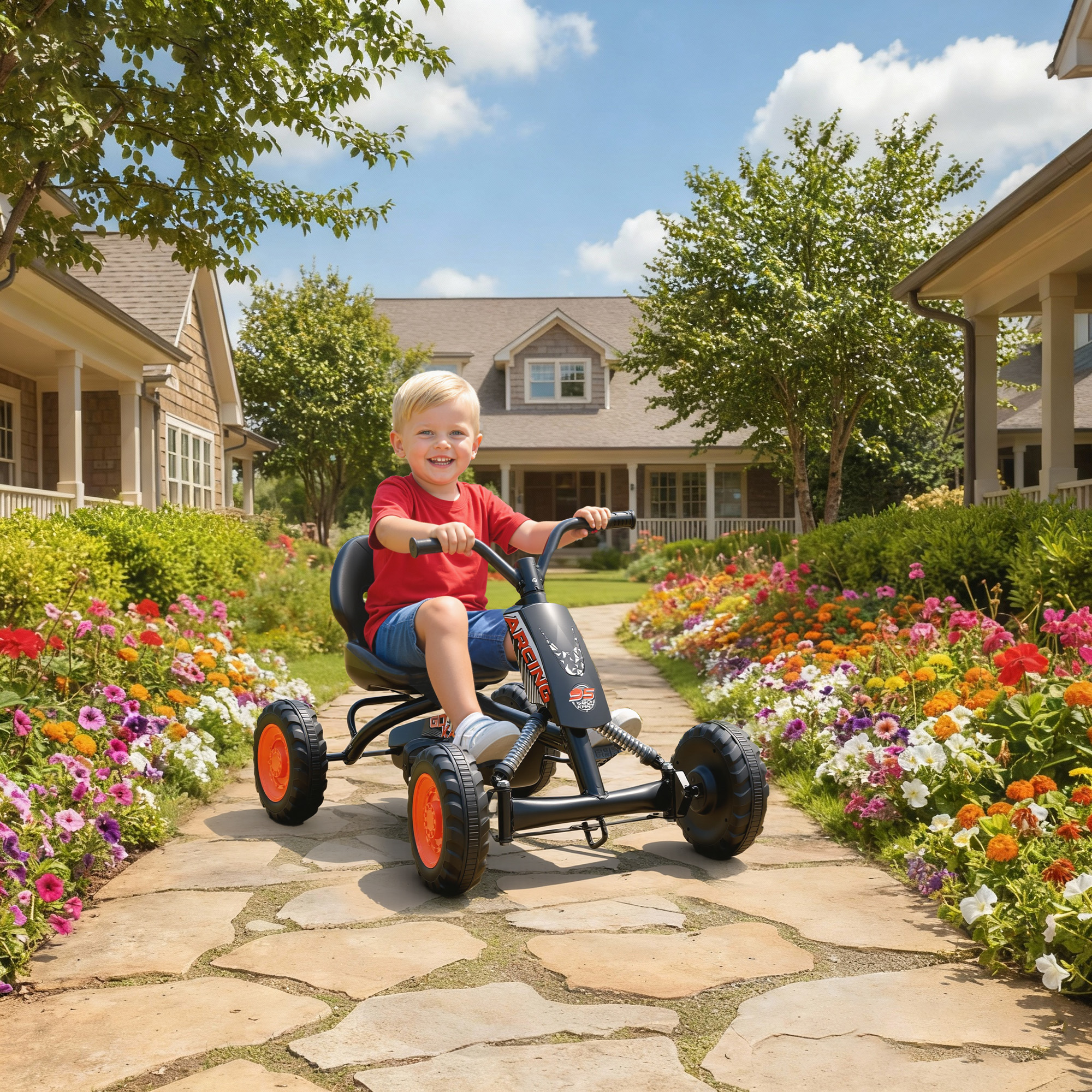 Un niño monta un kart en un camino de piedra, flanqueado por parterres y casas.