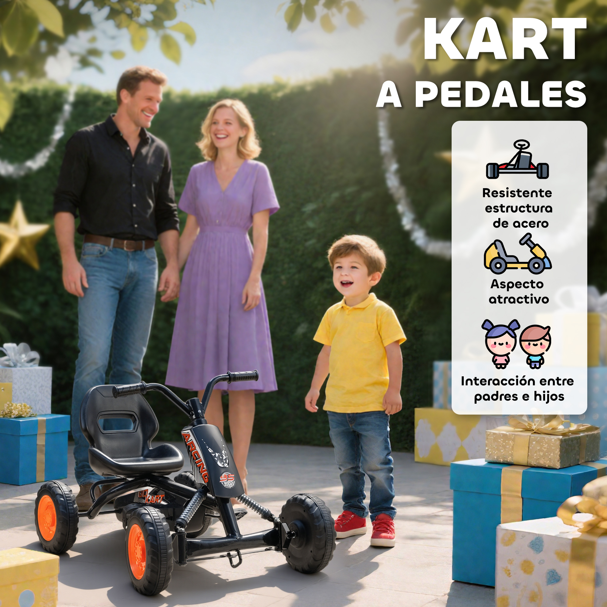 Familia con kart a pedales al aire libre, regalos al fondo.