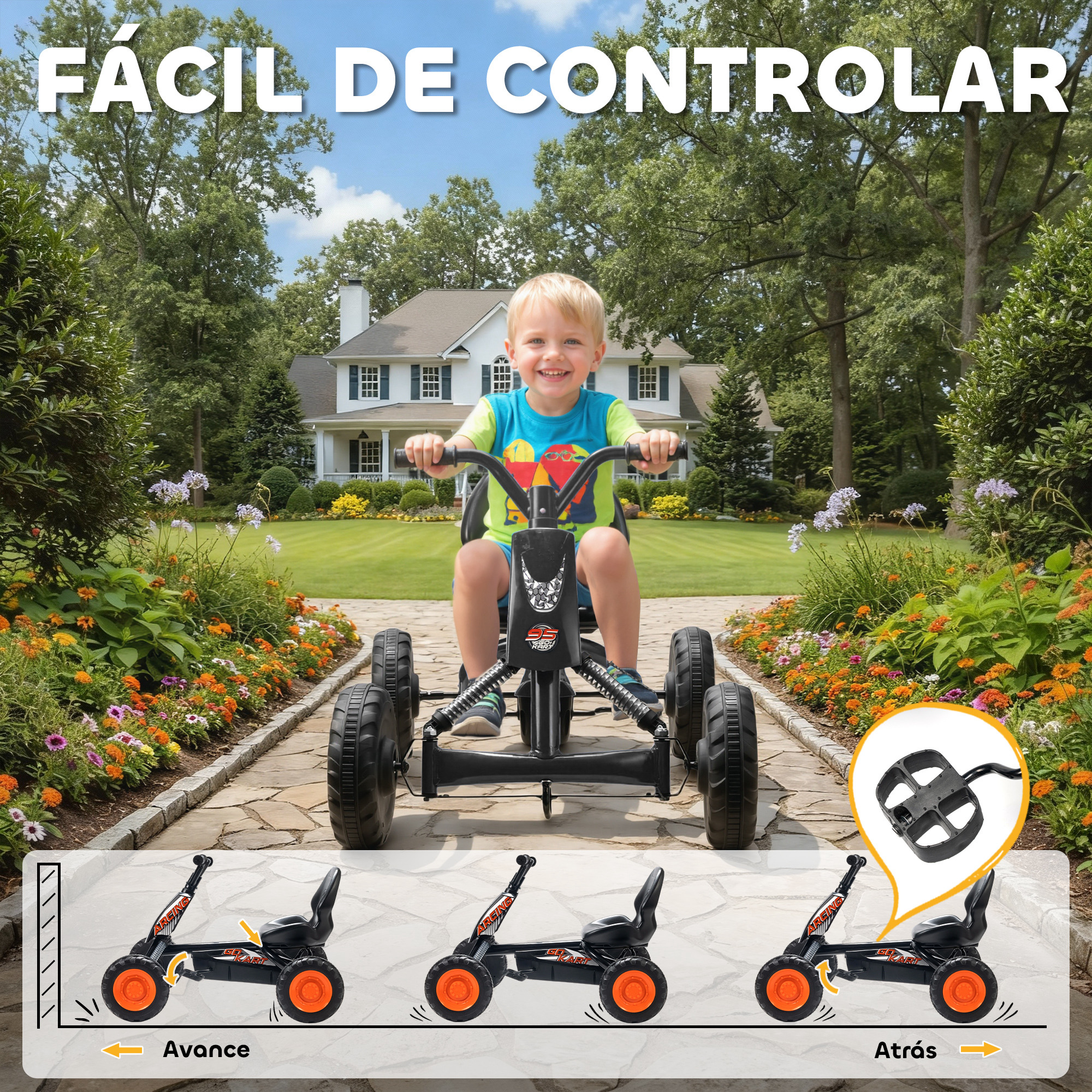 Un niño monta un go-kart negro en un camino de piedra frente a una casa.