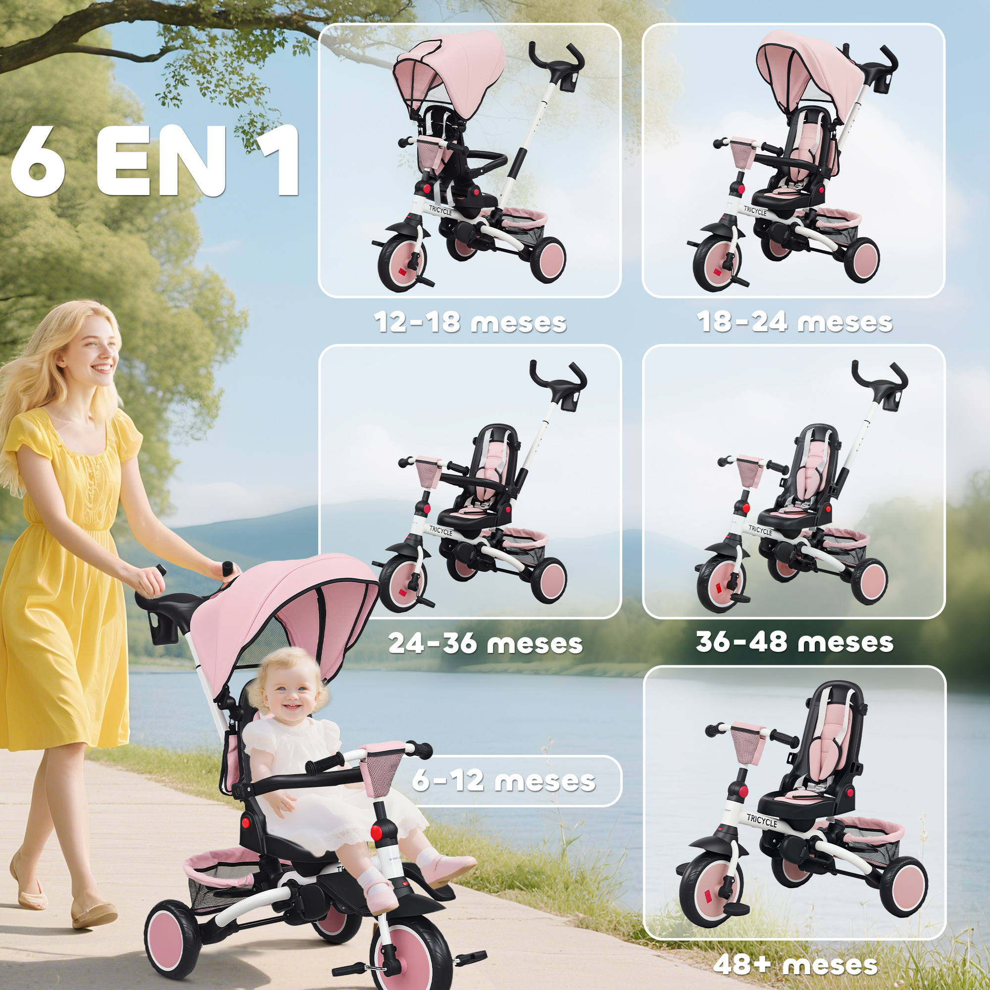 Un triciclo rosa con capota y un bebé empujado por una mujer al aire libre.