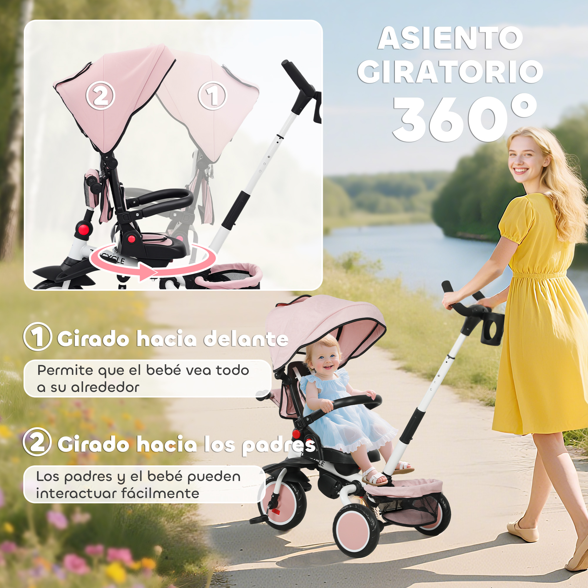 Una mujer empuja un triciclo rosa con un bebé, con asiento giratorio.