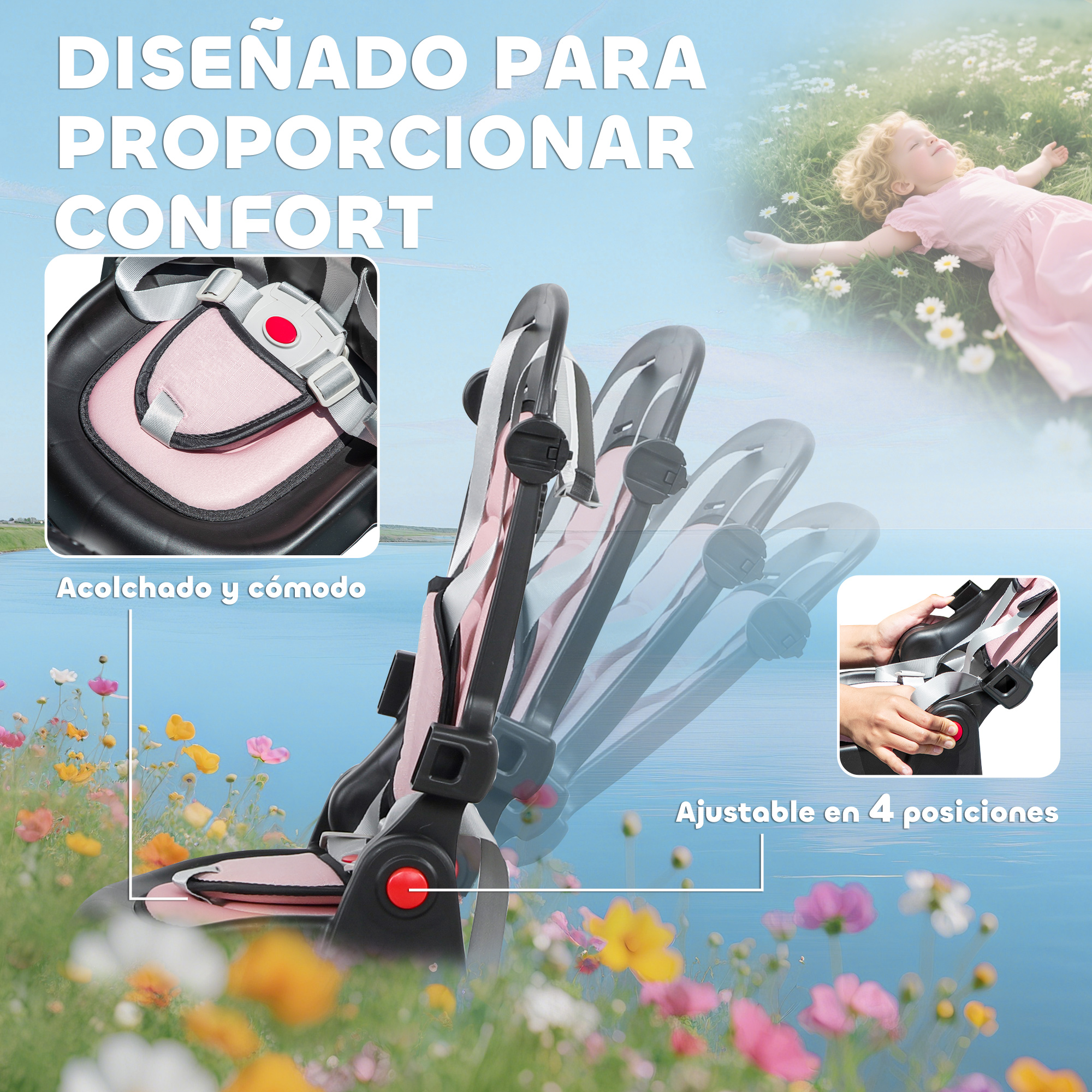 Un cochecito con acolchado rosa y correas en un campo de flores.