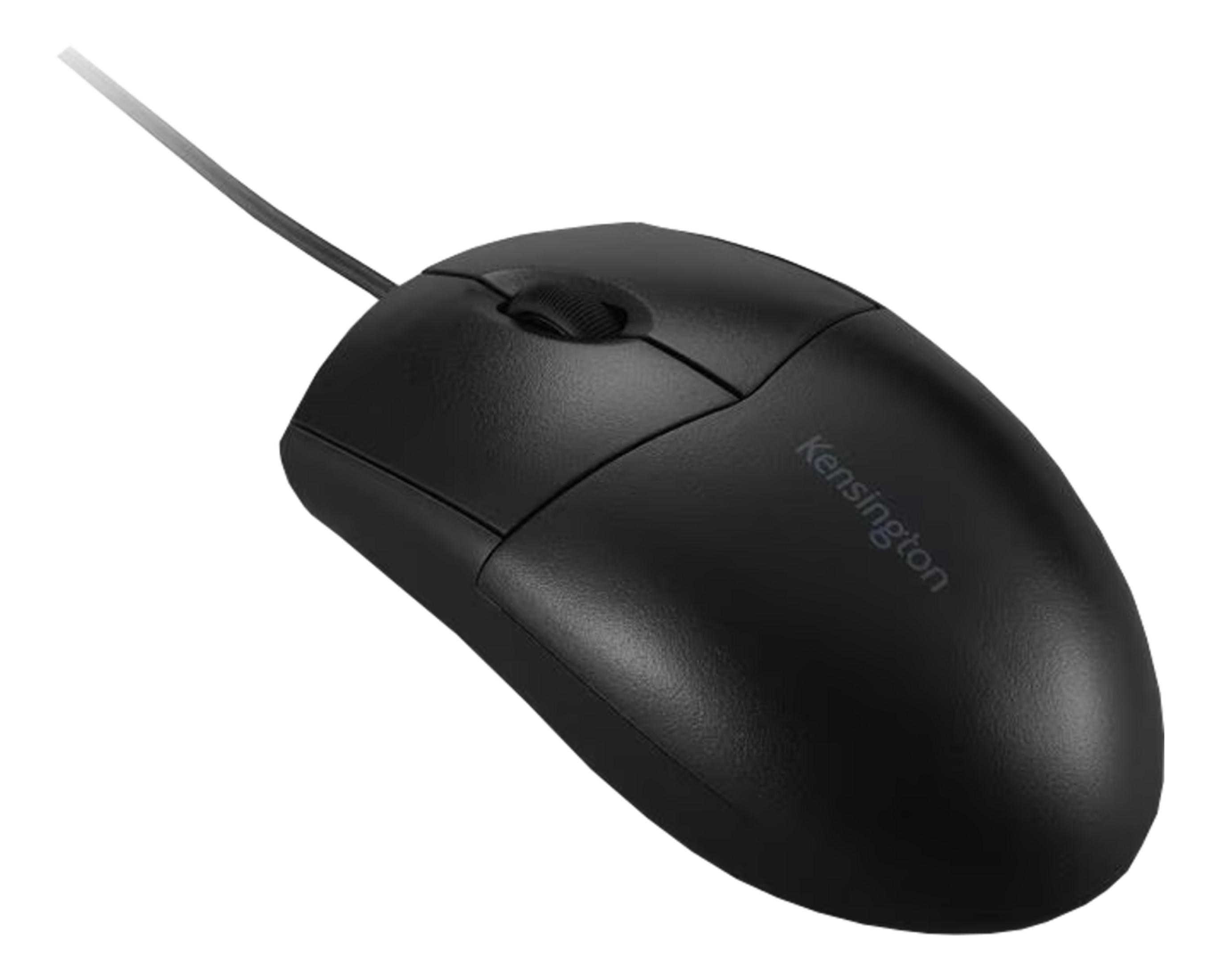 Zwarte Kensington computermuis met snoer en scrollwiel.